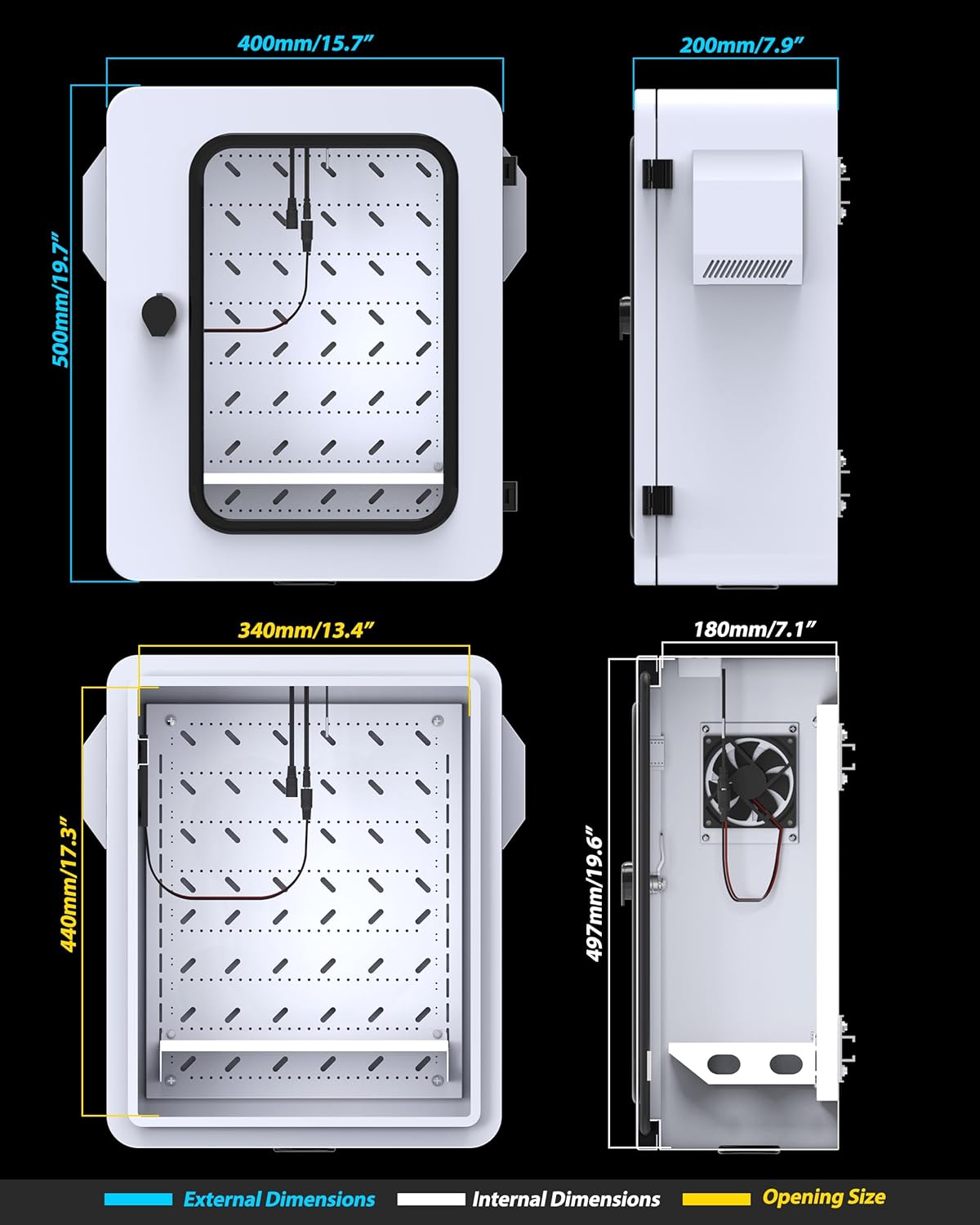 Outdoor Electrical Box with Thermostat and Fan and Clear Window, Precise Temperature Control 0.1°F, IP65 Water Resistant Rating, Galvanized Steel, Aluminum Rear Beam(19.7" x 17.7" x 8.0")
