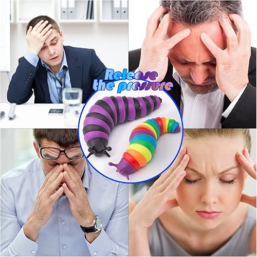 Miniatura 5 de MEIEST 2 piezas de juguetes para la ansiedad, oruga elástica articulada en 3D, juguete sensorial flexible de mano, ideal para fiesta, colorido,