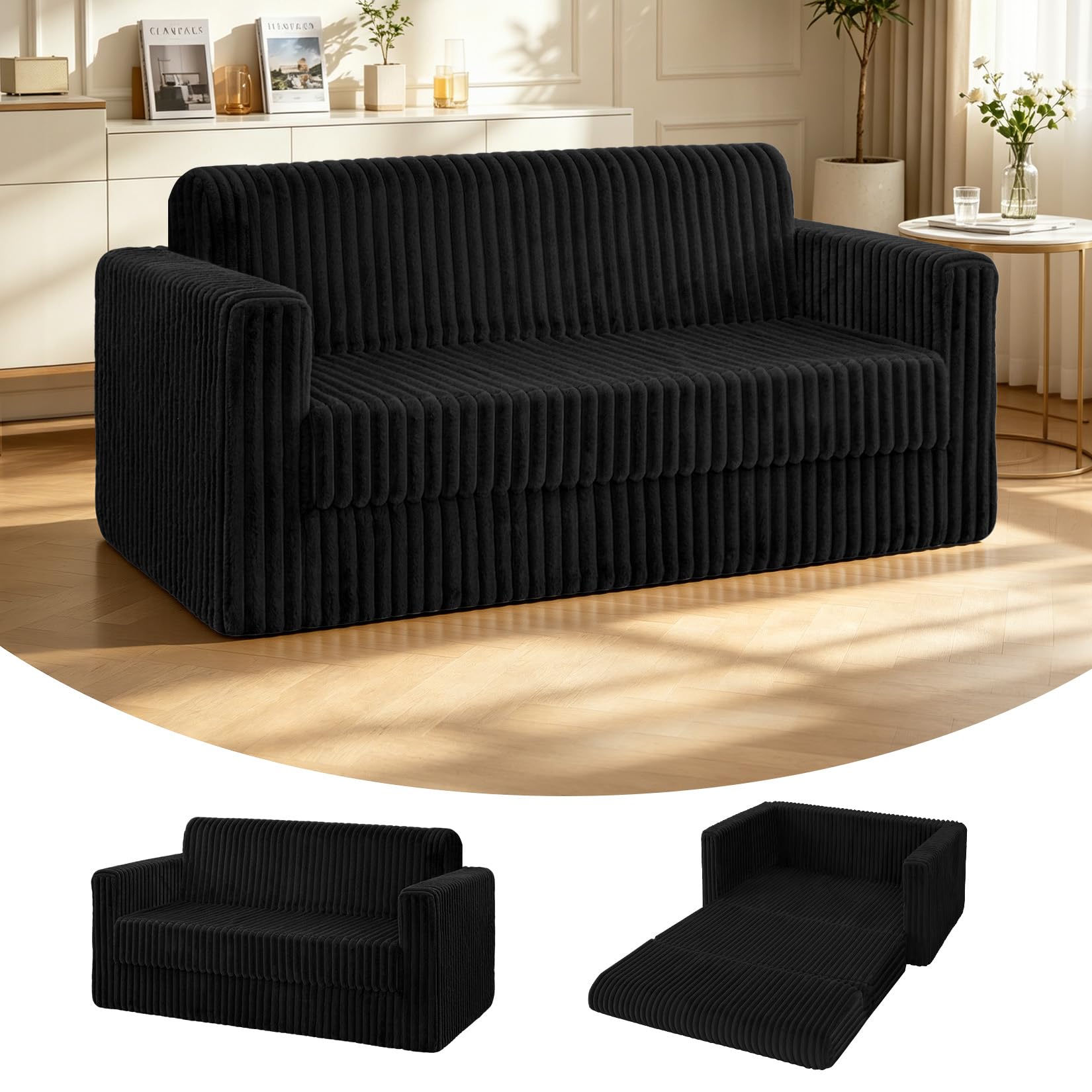 HABUTWAY 49.8" Loveseat Boneless Couch, 4-in-1 Convertible Sofa Bed, Plush Fur Folding Futon Sofa Bed Couches Without Pillow for Living Room, High-Density Foam Support, No Assembly Required, Black