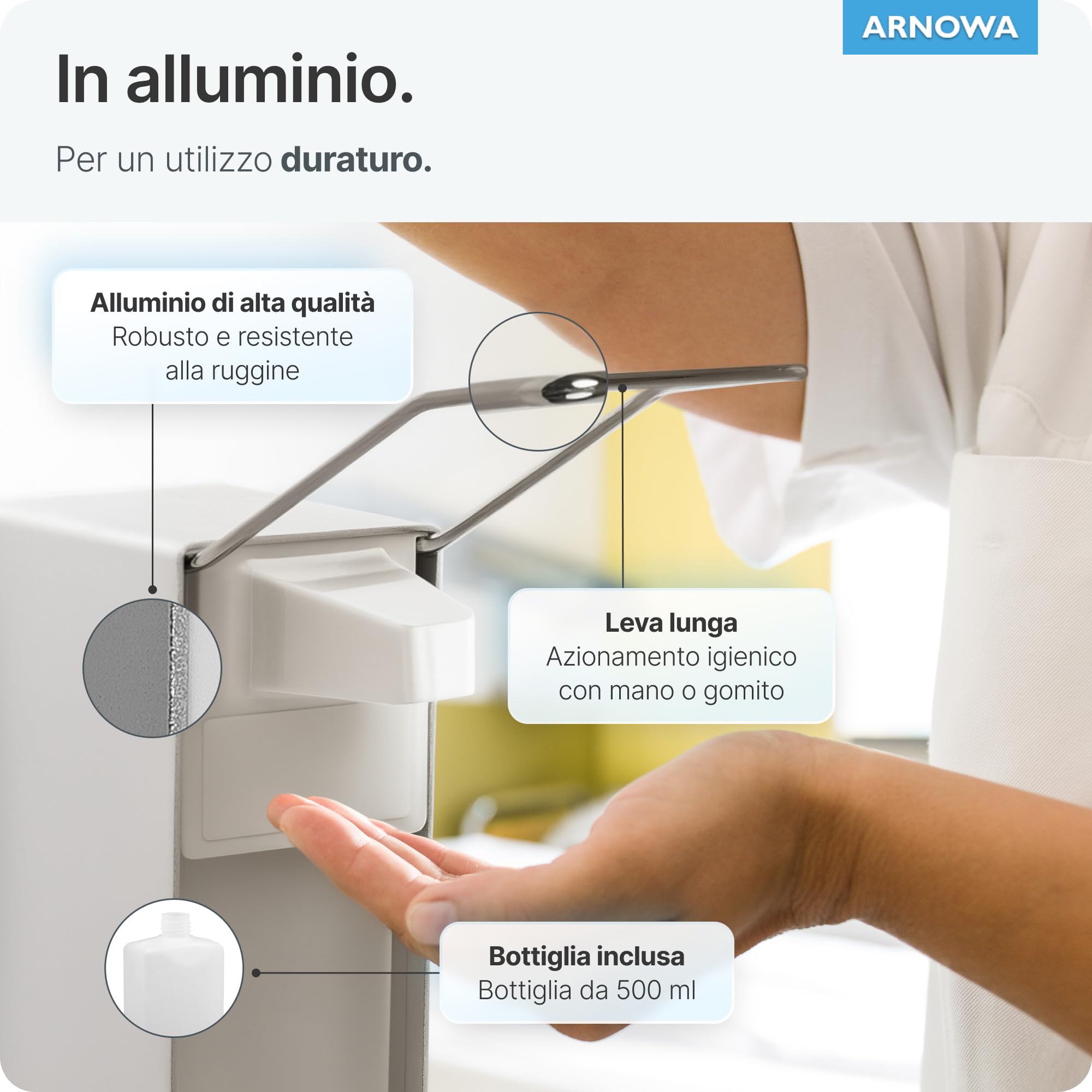 ARNOMED 4 Dispenser di sapone in alluminio, dispenser a muro gel disinfettante mani da 500ml, Euro dispenser con leva lunga, dispenser gel disinfettante mani parete, dispenser bagnoschiuma doccia