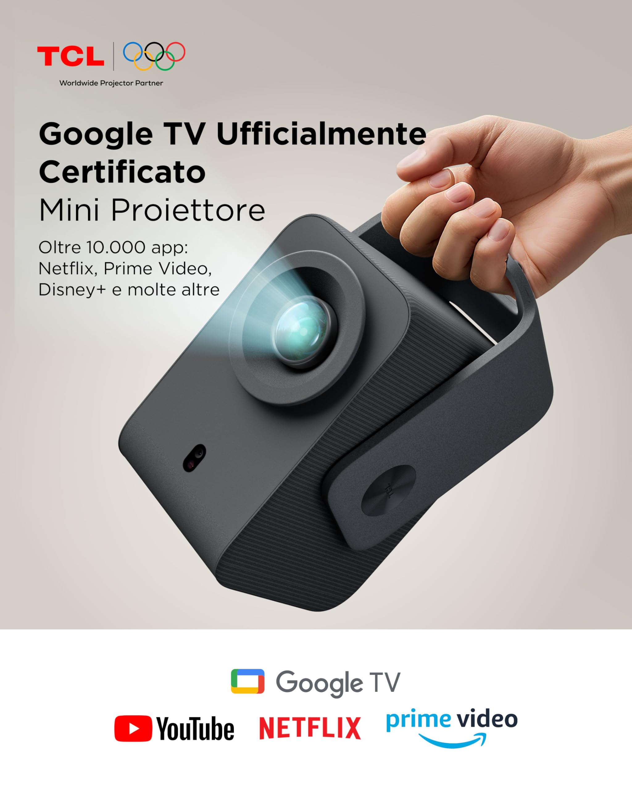 TCL C1 Mini Proiettore Portatile, 4K Supporta, Nativa 1080P, Licenza Netflix Smart Google TV, Con Messa a Fuoco Automatica e Correzione Trapezoidale, Wi-Fi Bluetooth, 8 W Audio Dolby, Rotabile 285°