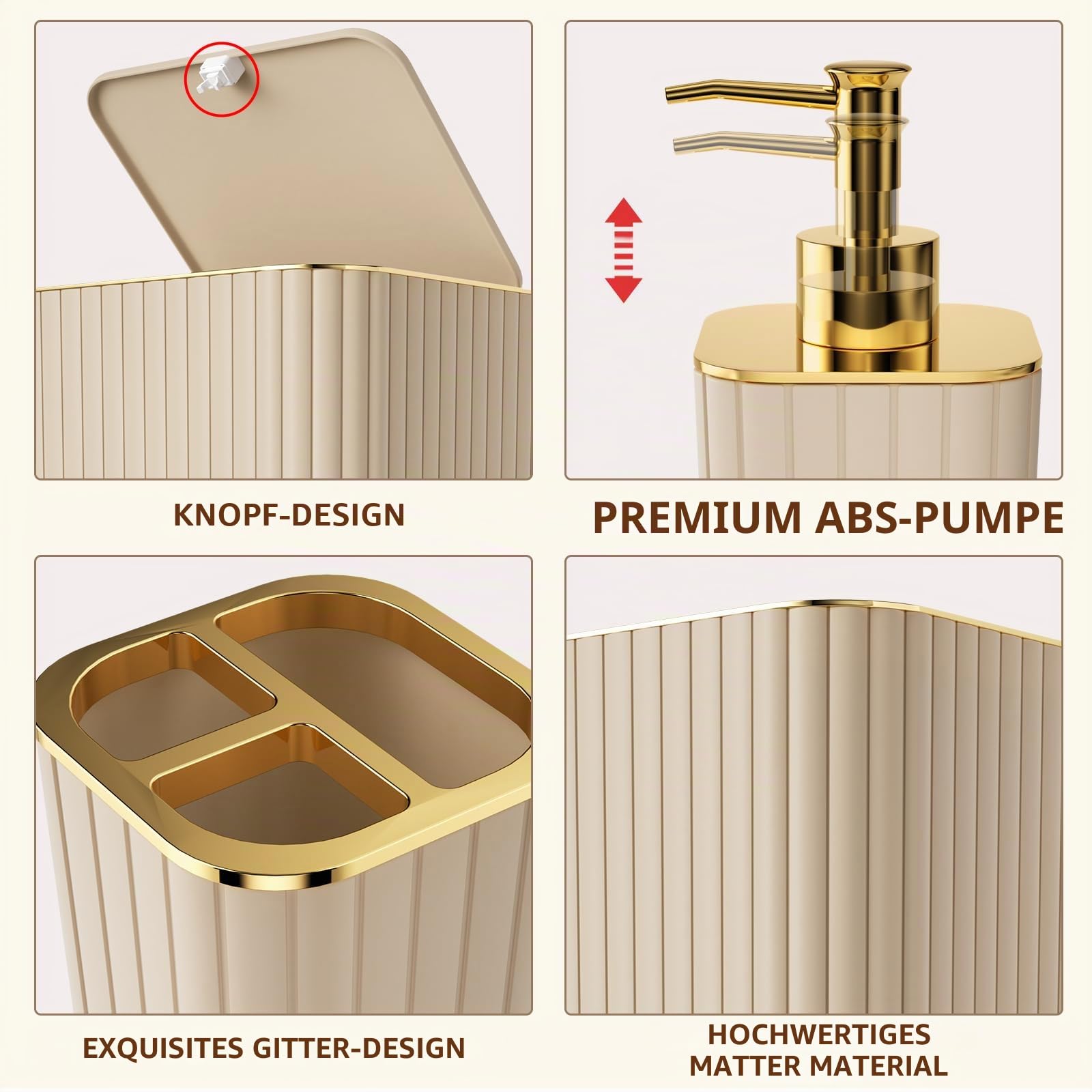 XLHOMO Badezimmer-Zubehör-Set – wunderschönes Badezimmer-Set, 10-teilig, beige, Badezimmer-Zubehör-Set, WC-Bürste, Mülleimer und Seifenspender