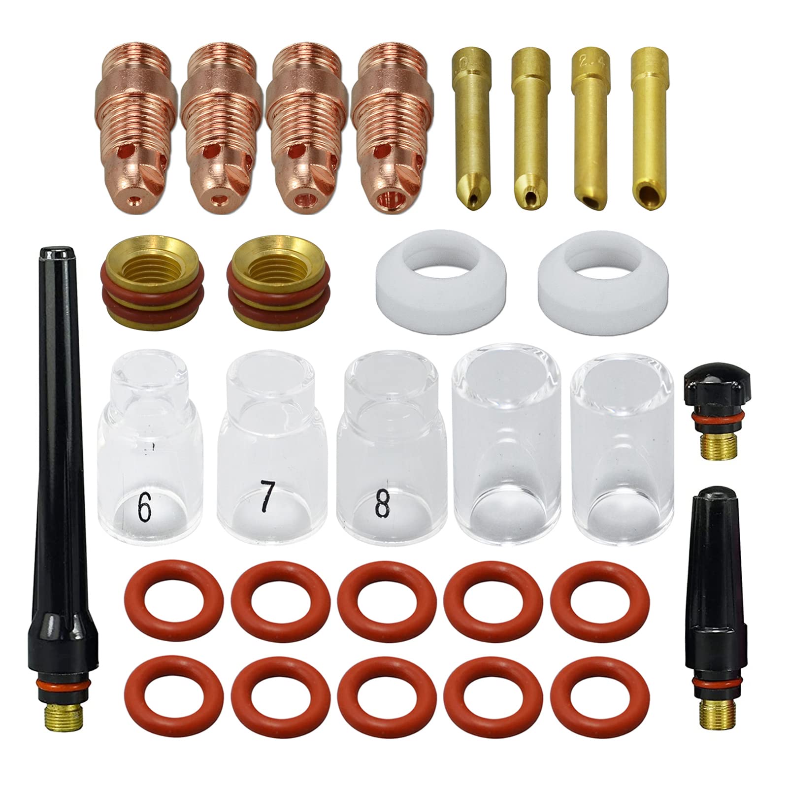 RIVERWELD TIG Wedge Collet Short 4C040GS 17CB20 Quartz Nozzle Clear Glass Cups 2P8GS 2P7GS 13N10 6# 9.5mm, 13N11 7# 11.0mm, 13N12 8# 12.5mm Kit for WP SR 17 18 26 TIG Welding Torch 30pcs