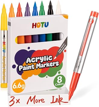 HOTU Acrylic Paint Markers Brush Tip 8 Colors, 3X 6.6g Large Capacity Ink, No-bleed Water-Based Acrylic Paint Markers for Coloring Book Rock Painting Paper Fabric Wood Eggs DIY Crafts