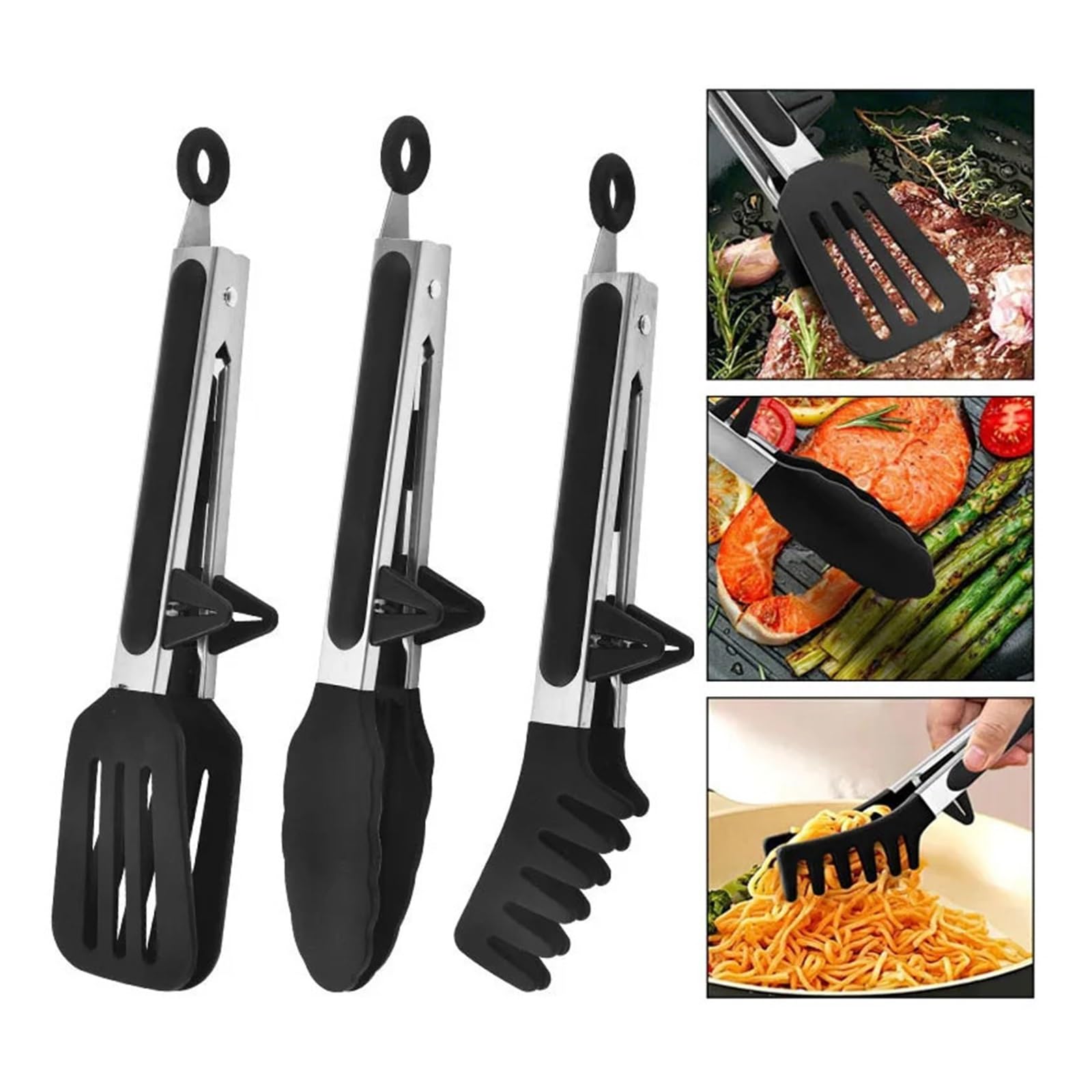 Juego de pinzas cocina silicona 3 uds., antideslizantes acero inoxidable for alimentos, herramientas for barbacoa y parrilla for ensaladas(86-Black-3pcs)