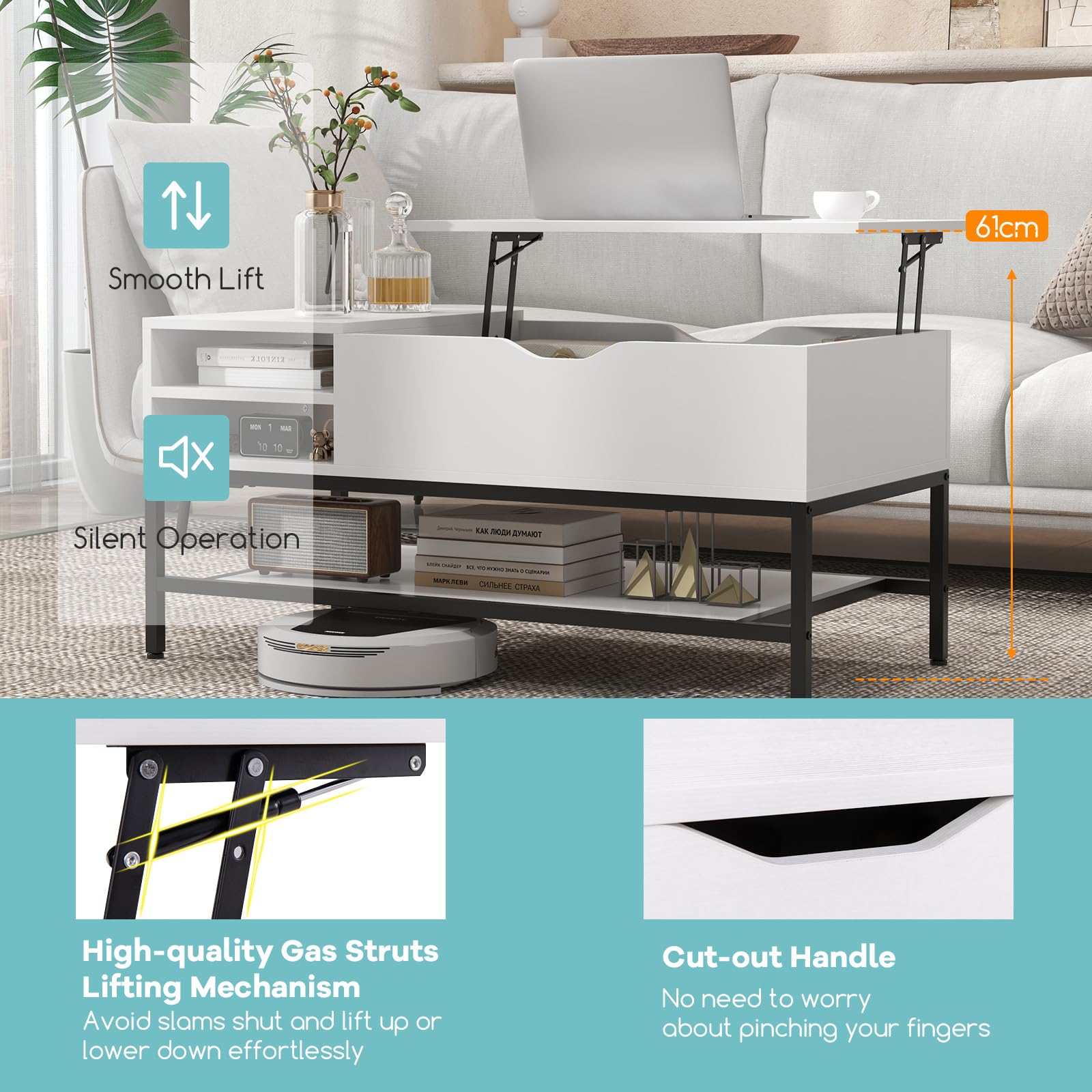 LIFEZEAL Mesa de Centro elevable, Mesa de salón con Compartimento Oculto, Mueble de salón con Estructura de Metal, Estante de Almacenamiento extraíble, 100 x 49,5 x 47,5 cm (Blanco)