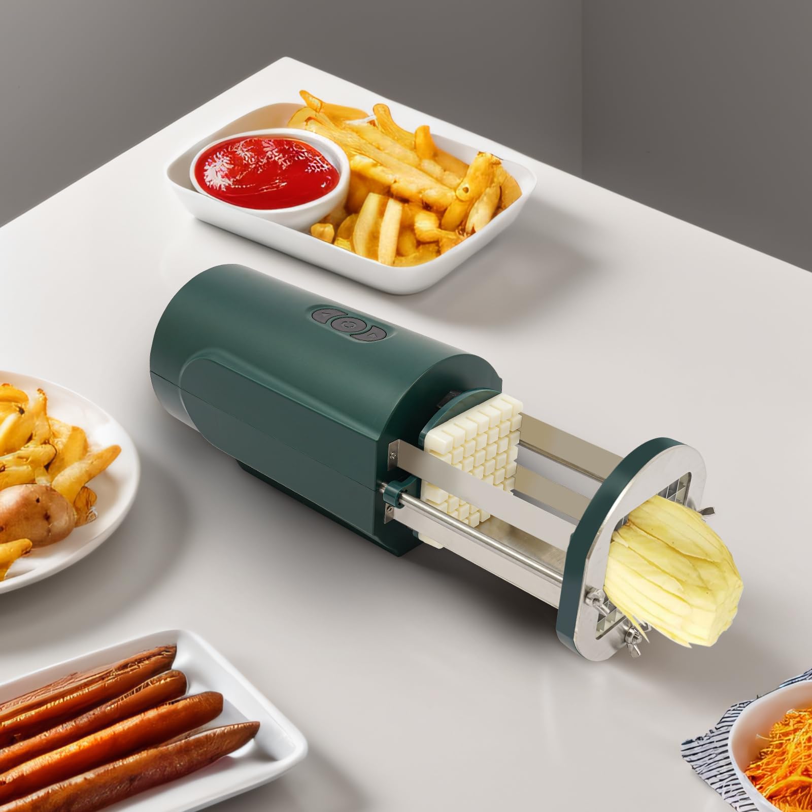 Cortador eléctrico de patatas fritas con 2 tamaños de cuchilla, cortador eléctrico multifuncional de verduras para patatas, zanahorias, manzanas