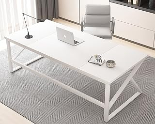 HSH Langer Schreibtisch Computertisch Moderner für Schreib Studien PC Gaming Tisch aus Metall Holz Bürotisch Zwei Personen Tisch für Homeoffice Wohnzimmer Büro Weiß 180 cm