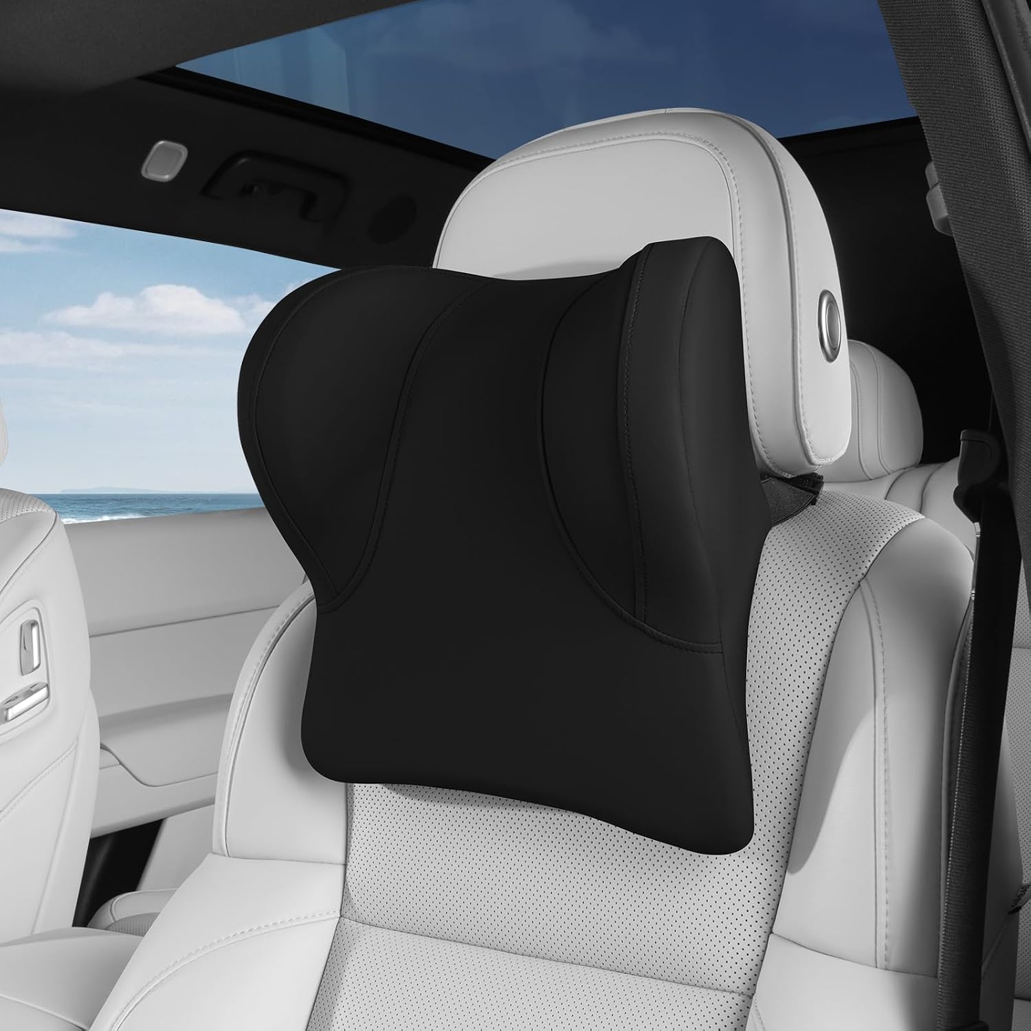 BEBAS Ergonomic Memory Foam Car Headrest Pillow with Adjustable Strap | Contoured Neck Support for Driving Comfort, Headrest Cushion with Breathable Washable Cover, Fits All Vehicles, Black,1 Pack