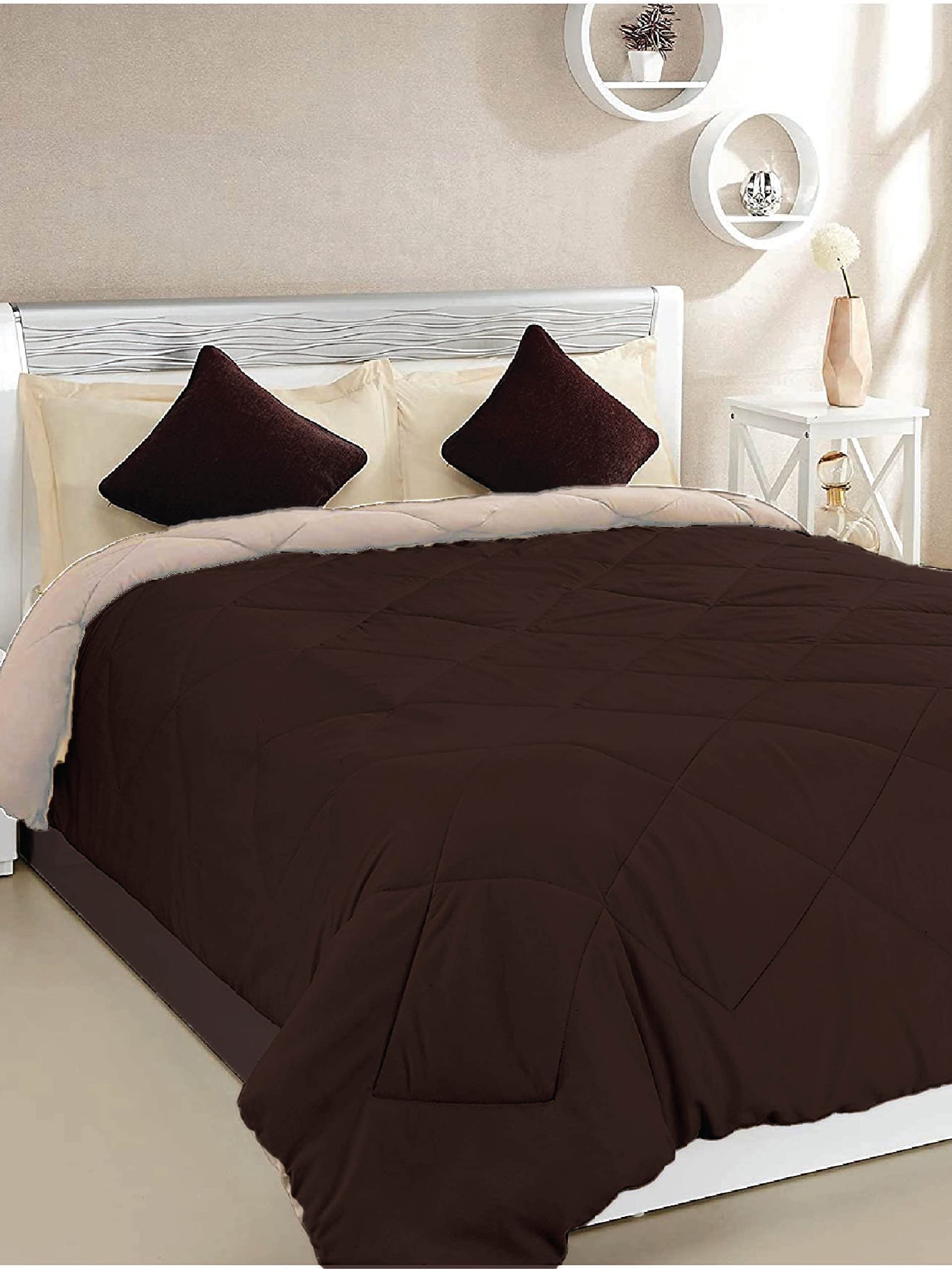 Sleeping Owls 100% Cotton 400GSM Single Solids 210TC Reversible Heavy Winter Comforter - Beige & Coffee