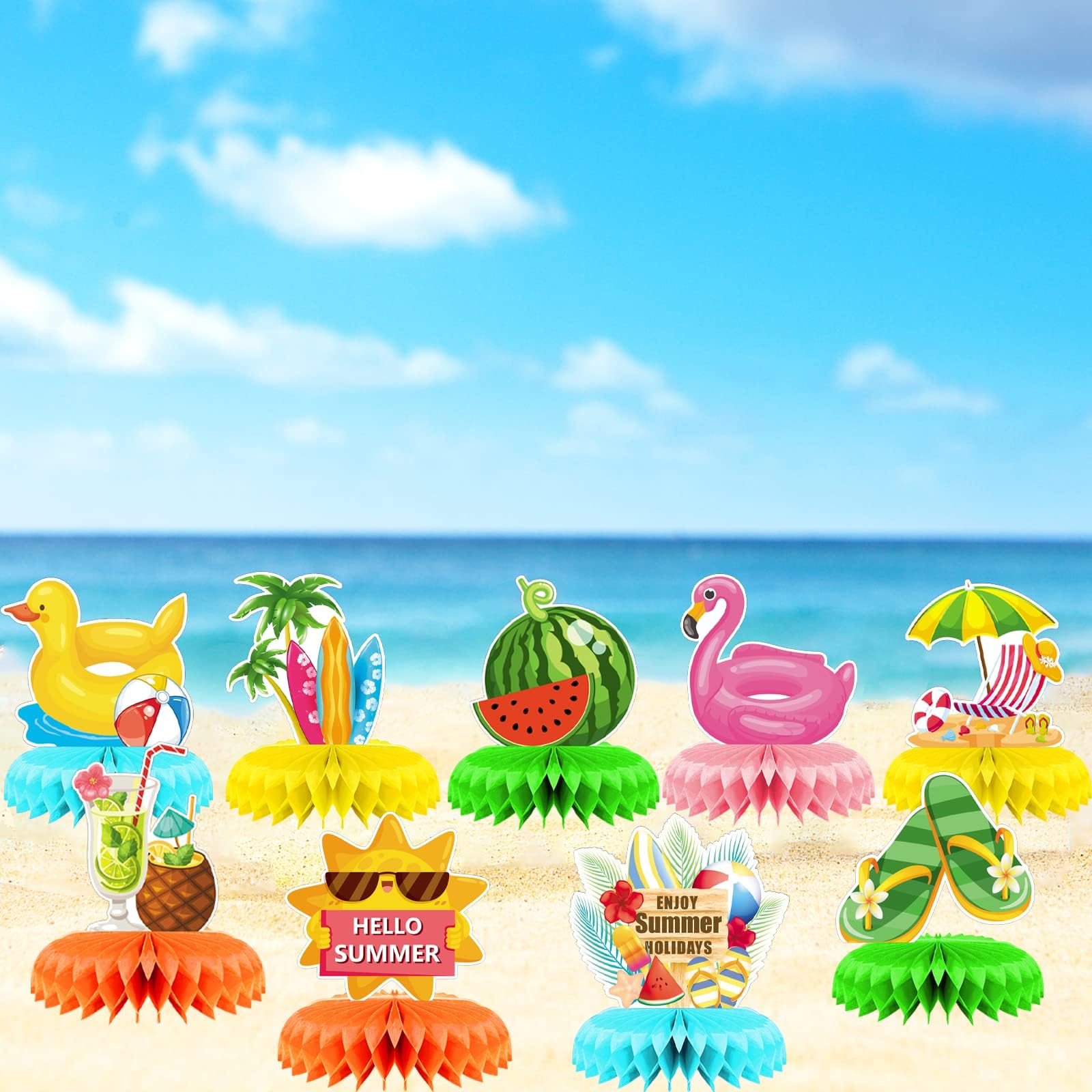 9 Pieces Summer Honeycomb Centerpieces, Pool Themed Party Table Decorations, Summer Beach Centerpiece for Hawaii Party Decoration Supplies