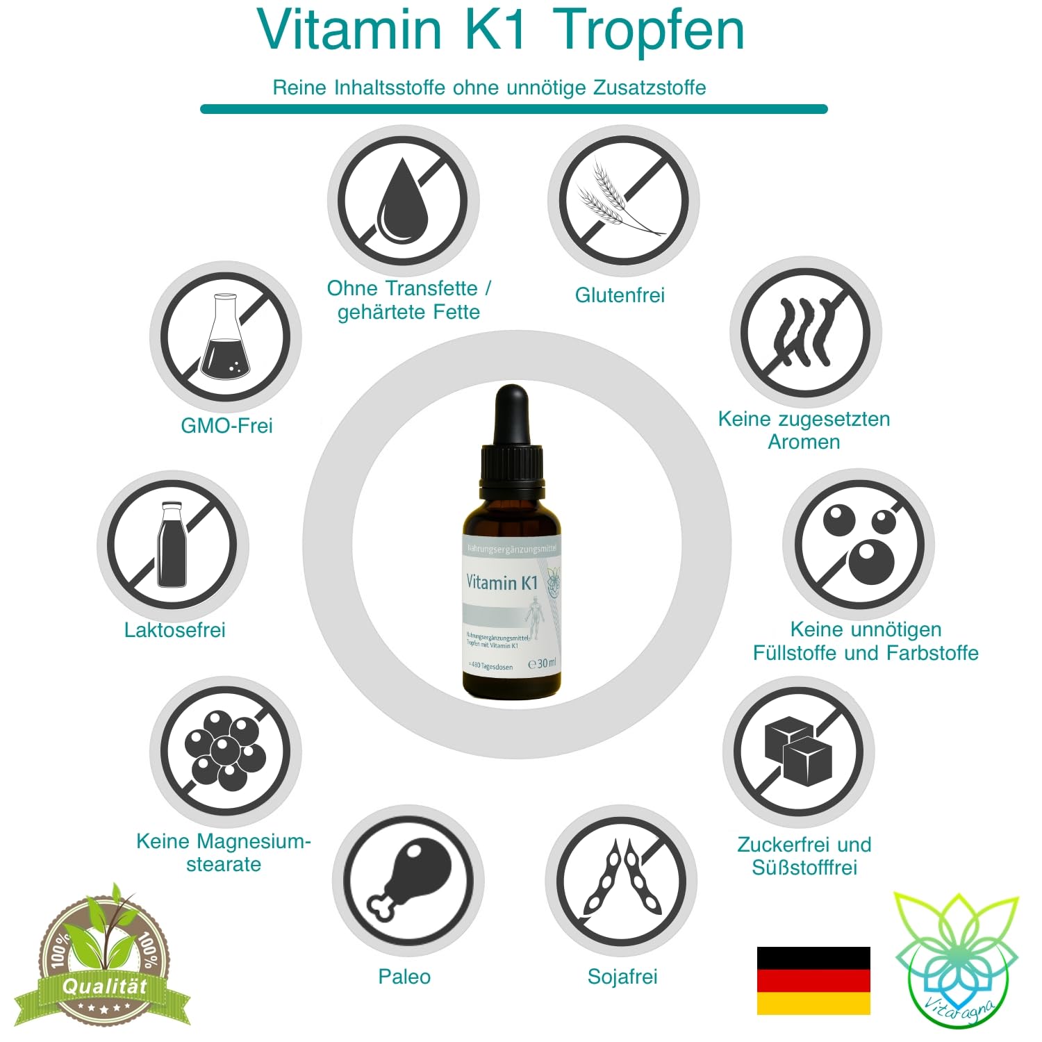 Vitamin K1 Tropfen flüssig, Phytomenadion K-Tropfen - hochdosiertes Liquid in Oliven-Öl gelöst, 30 ml, 480 Tagesdosen
