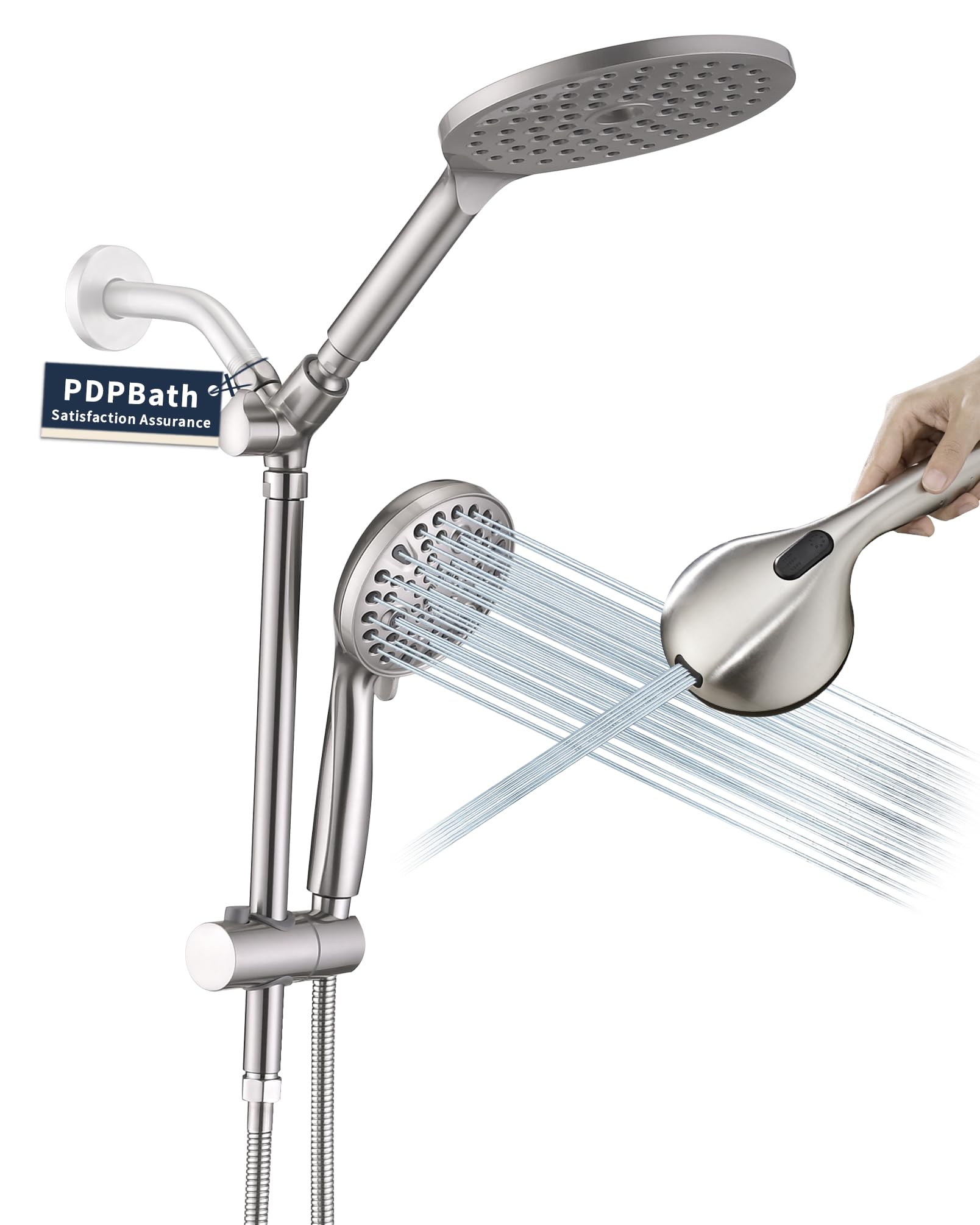 Photo 1 of PDPBath High Pressure Rainfall Shower Head with Handheld Combo, 10 Setting Handheld Shower Head, Dual Handheld Shower Head Combo with Slide Bar for Easy Reach, Brushed Nickel