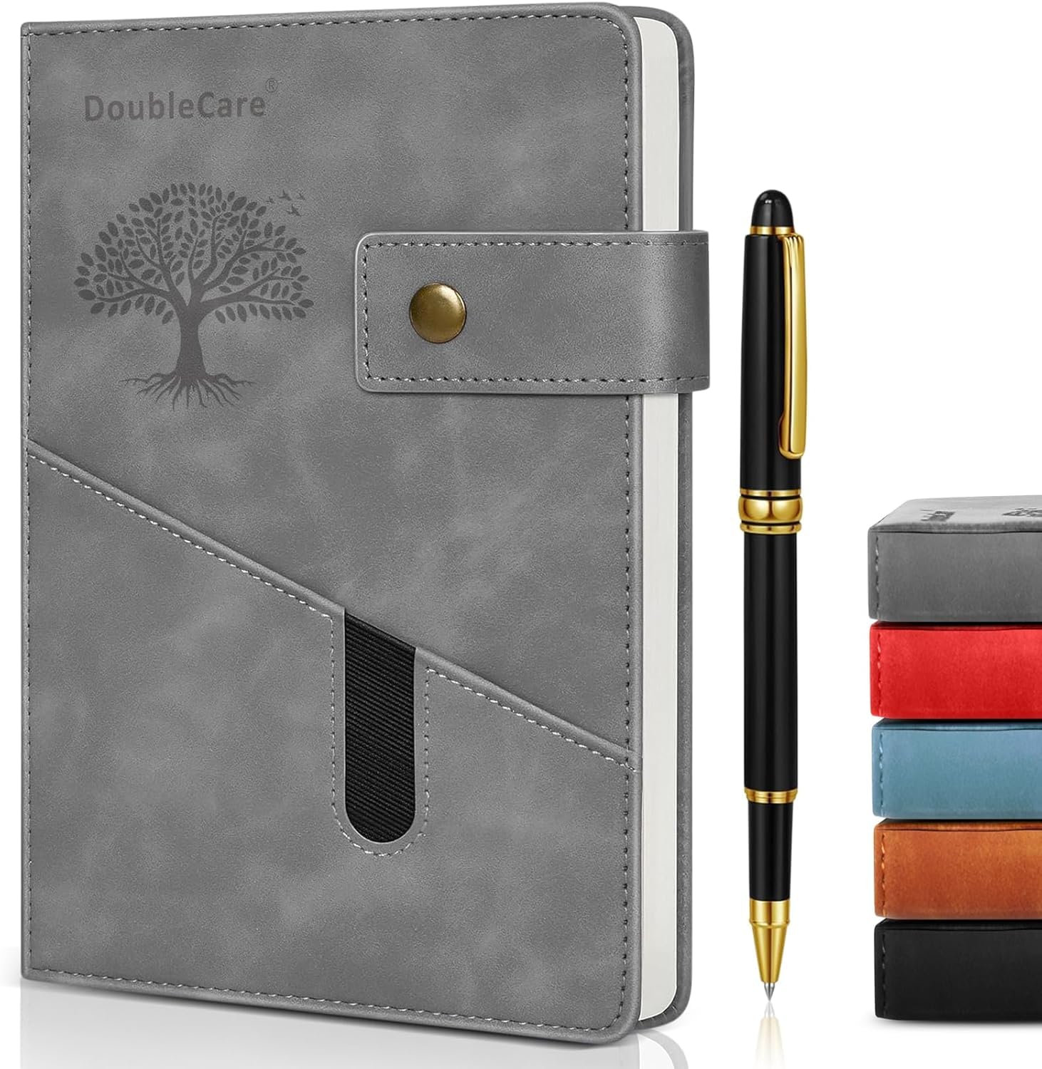DoubleCare Notizbuch A5 Liniert, Hardcover Leder Tagebuch Mit, Mit Stift und Tasche, 100 GSM Dickes Papier zum Schreiben, Geeignet für Jungen und Mädchen, Schule, Büro, 21,3×14,6 cm, Grau