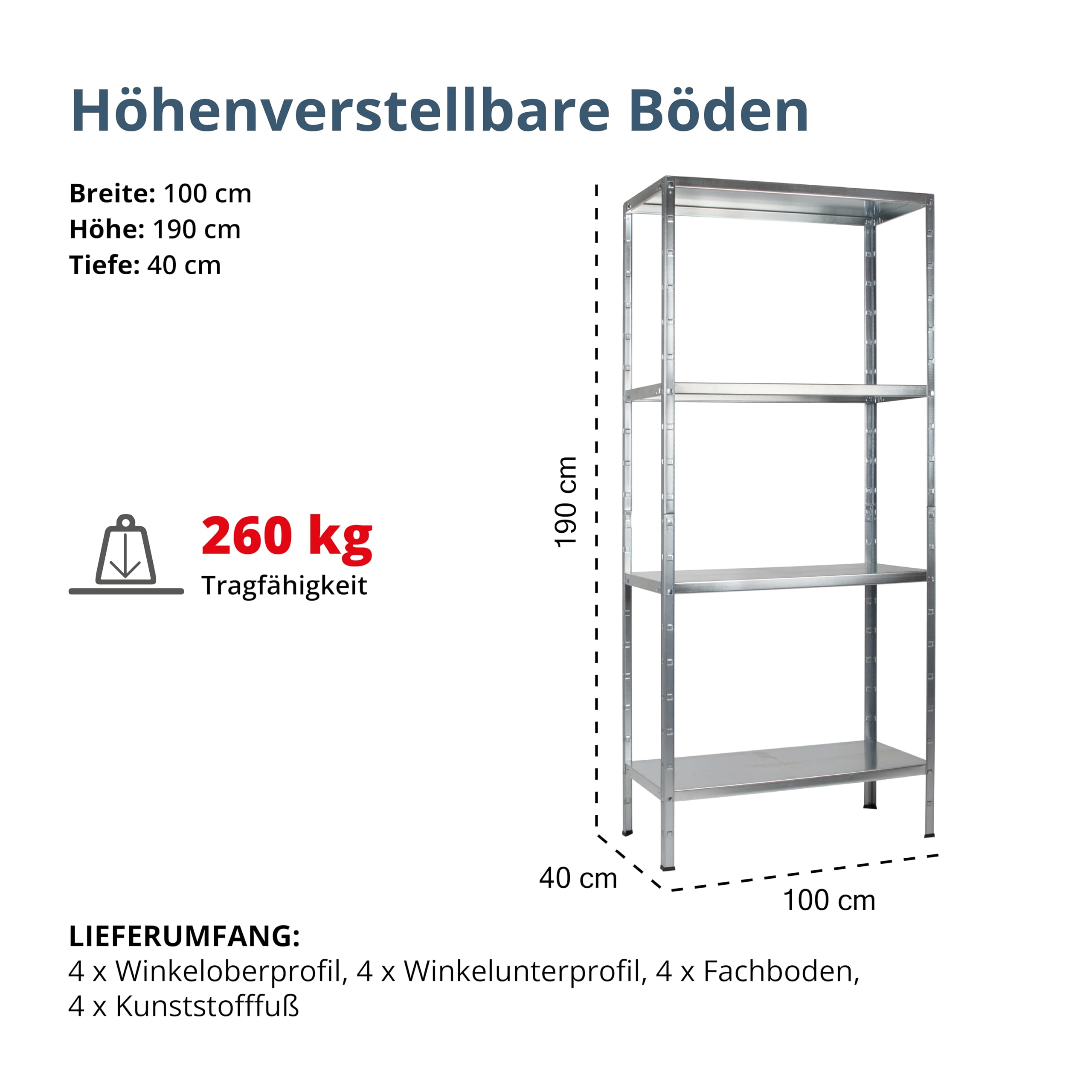 SCHULTE Regalwelt Steckregal mit 4 PowerMAX Fachböden, 65 kg Tragkraft, 190x100x40 cm (HxBxT), verzinkt (Lagerregal, Werkstattregal, Kellerregal, Garagenregal, Metallregal