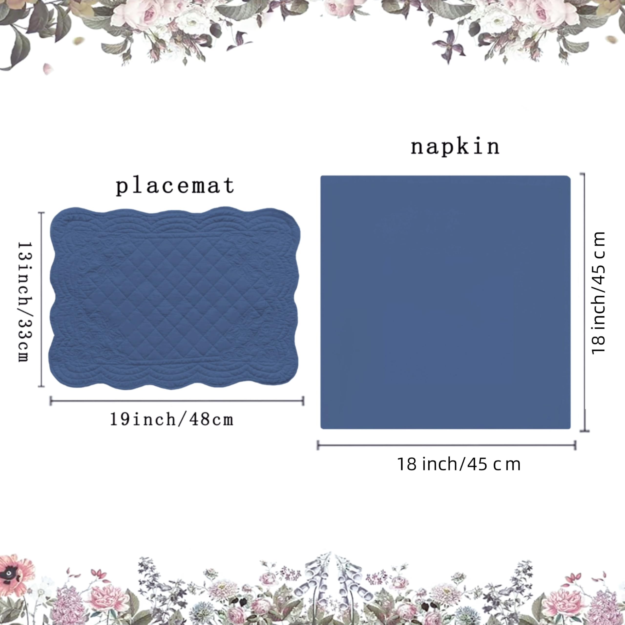 Gesteppte Baumwoll-Tischsets mit passenden weißen Baumwollservietten – Set mit 4 Tischsets und 4 Stoffservietten – solides weißes Tischwäsche-Set für Alltag und Urlaub (4, blau)