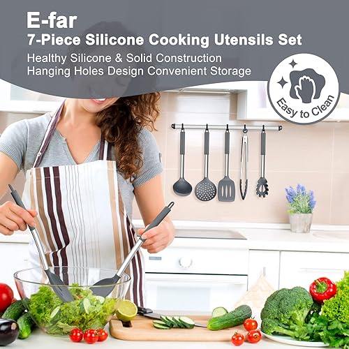 Miniatura 7 de E-far Juego de utensilios de cocina de silicona, 7 piezas de utensilios de cocina resistentes al calor con mango de acero inoxidable, espátula
