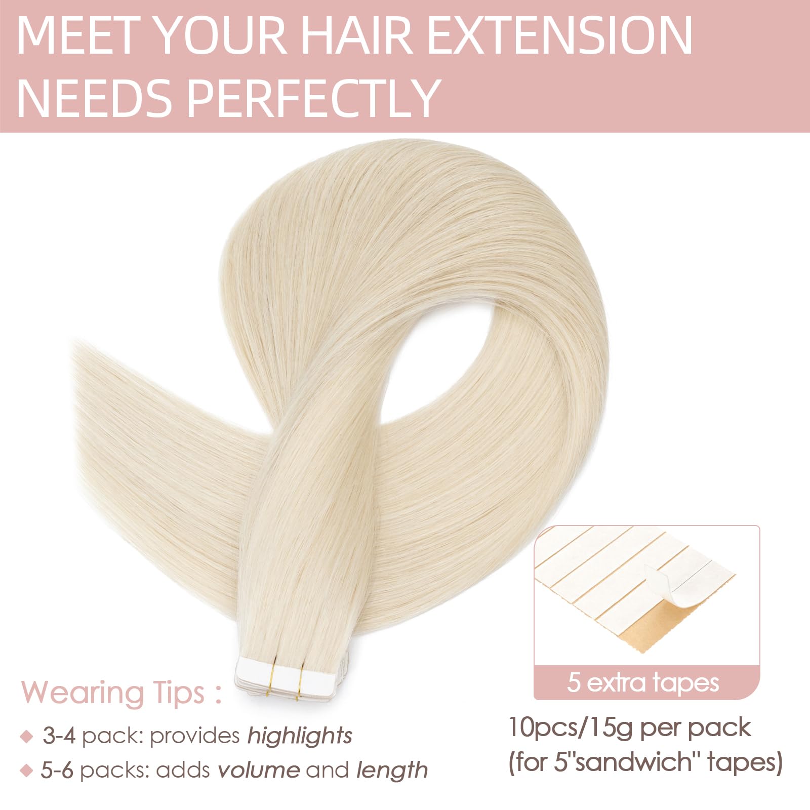 Silk-co Tape in Hair Extensions Remy Hair Extension Hair Pieces Silky Straight Human Hair Extensions Silky Soft Seamles 20 Pcs 20g/Set 12inch (20PCS)#70 Bleach White - Image 4