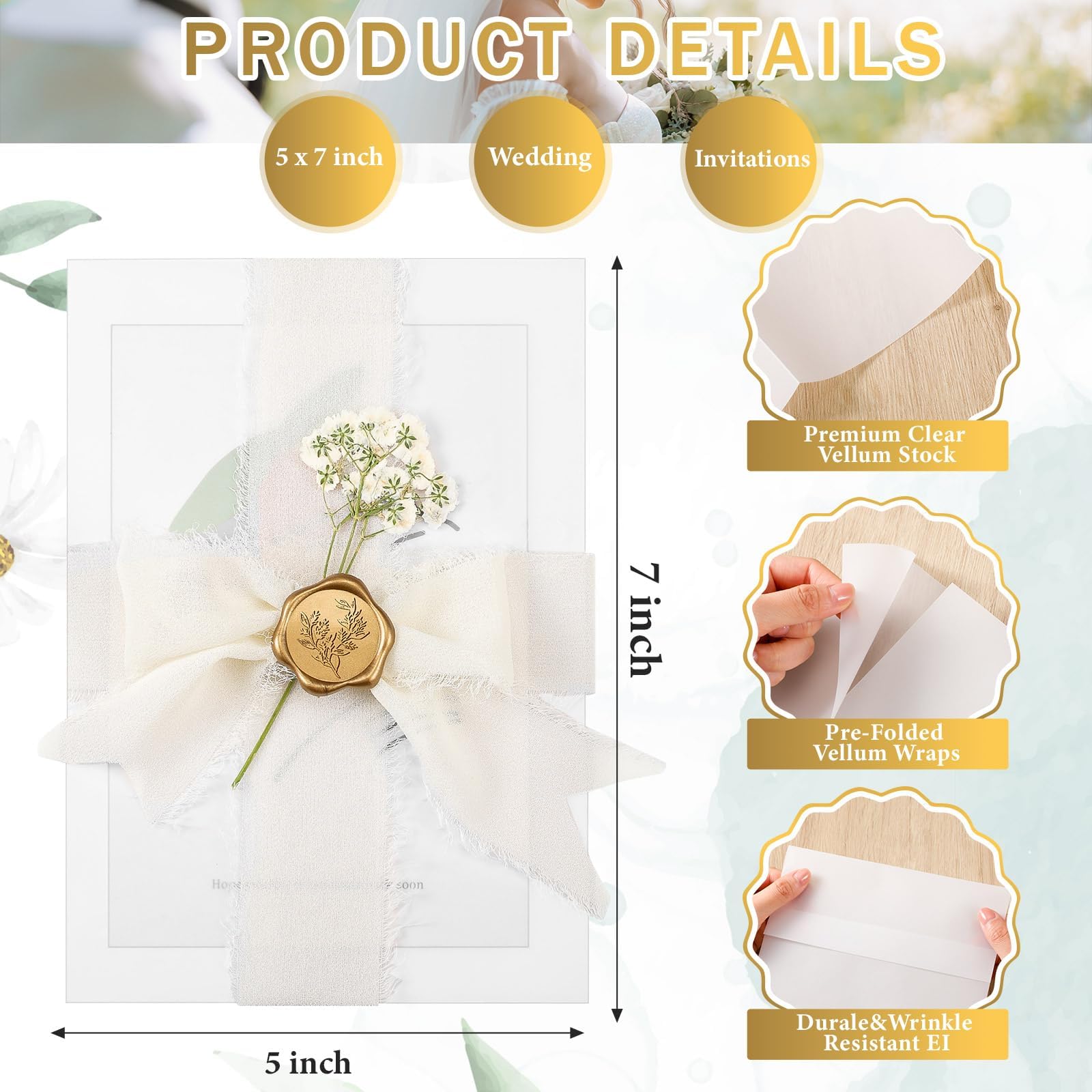 Tazuxetuqe 50 Sets Hochzeitseinladungen Hüllen Set Vorgefaltet Pergament Umschläge Für 13 x 18 cm Einladungen Selbstklebende Gold Siegel Aufkleber Getrocknete