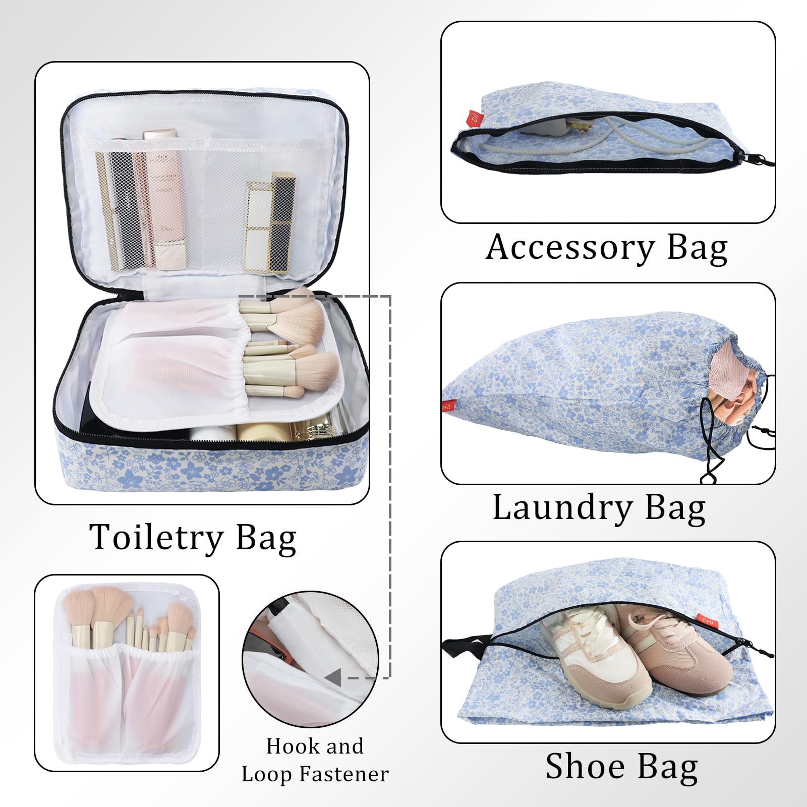 U+U Set di 10 cubi per imballaggio a compressione, organizer da viaggio (fiore blu) | Set da viaggio completo salvaspazio