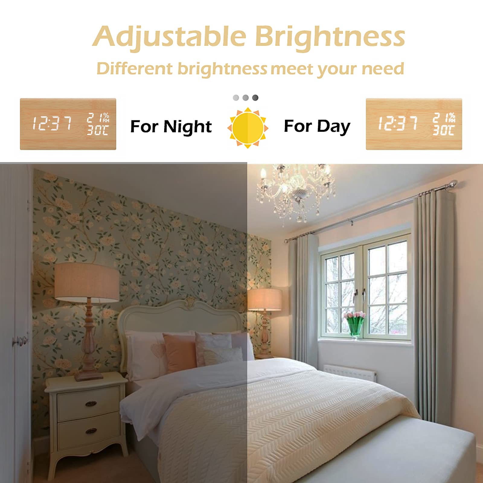 JCHORNOR Digital Alarm Clock, Led Time Display Wooden Digital Desk