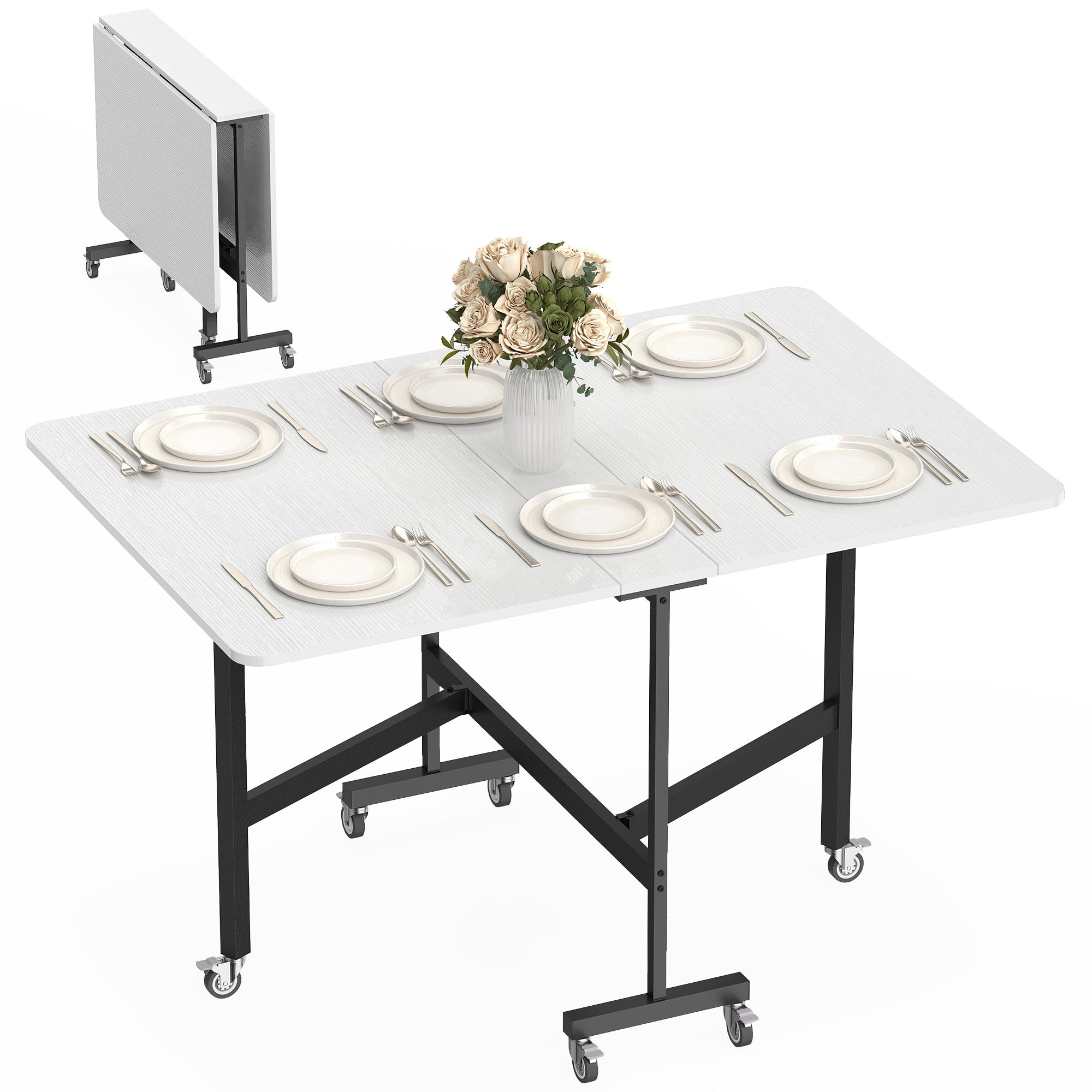 HOMCOM Tavolo da Pranzo Pieghevole, Tavolo Cucina a Ribalta con Ruote a Freno per 4-6 Persone, Scrivania Richiudibile con Struttura in Acciaio, per Soggiorno, 120x80x73 cm, Bianco Effetto Legno