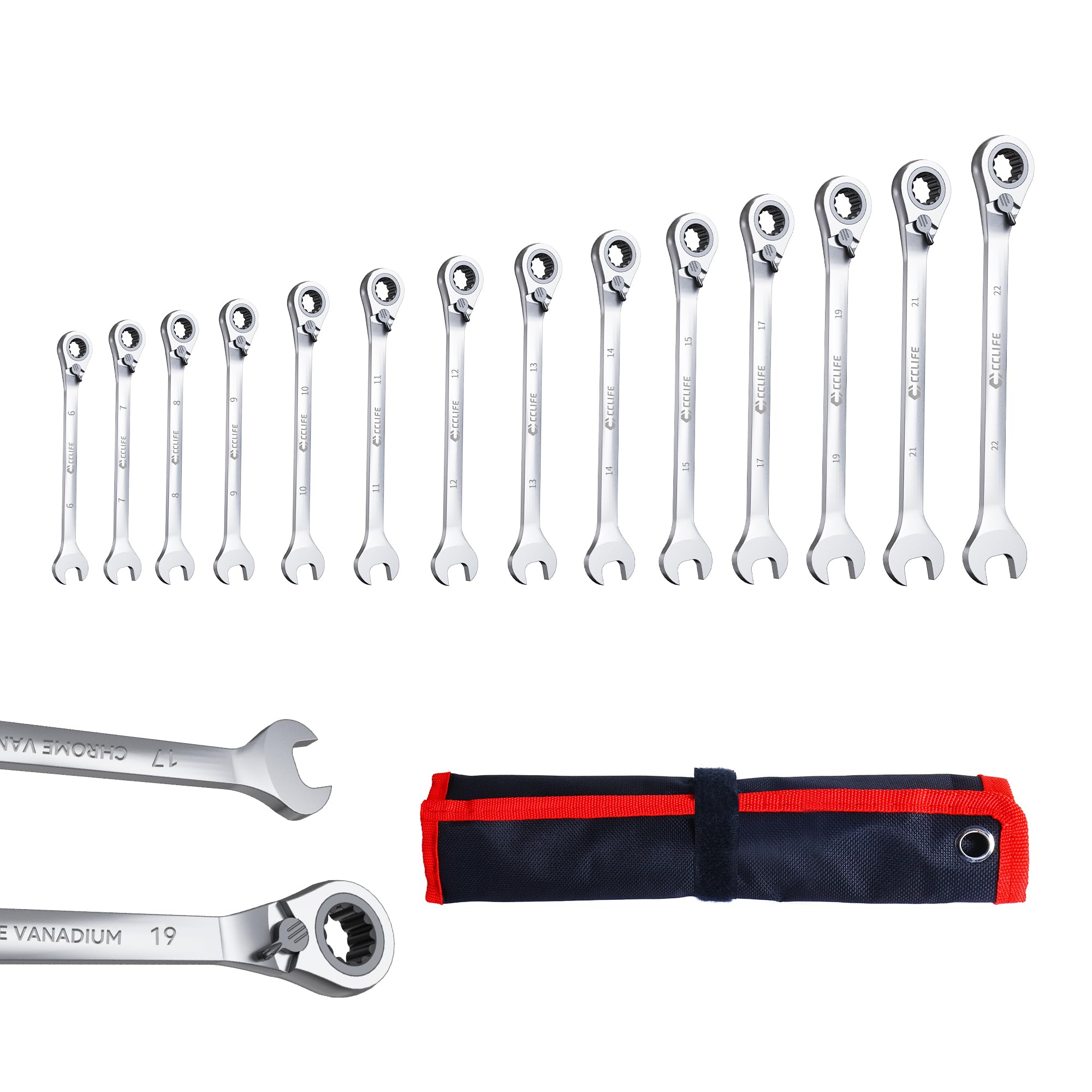 CCLIFE Lot de 14 clés à cliquet réversible 6-22 mm 72 dents CrV avec sac | Fonction de commutation, cliquet et clé mixte 2 en 1 en Cr-V, mécanisme à 72 dents avec sac pour voiture et atelier