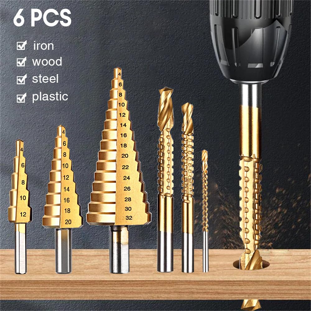 Set di Punte da Trapano 6/3 Pezzi 4-12 4-20 4-32 mm 3 6 8 mm per Apri Fori in Metallo per la Lavorazione del Legno, 6 Pezzi con Sacchetto OPP