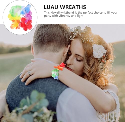 Miniatura 5 de ABOOFAN Pulsera de flores hawaianas Lei 10 pares de pulseras de corona de flores Tiki guirnaldas hawaianas Leis correas de muñeca de verano piscina