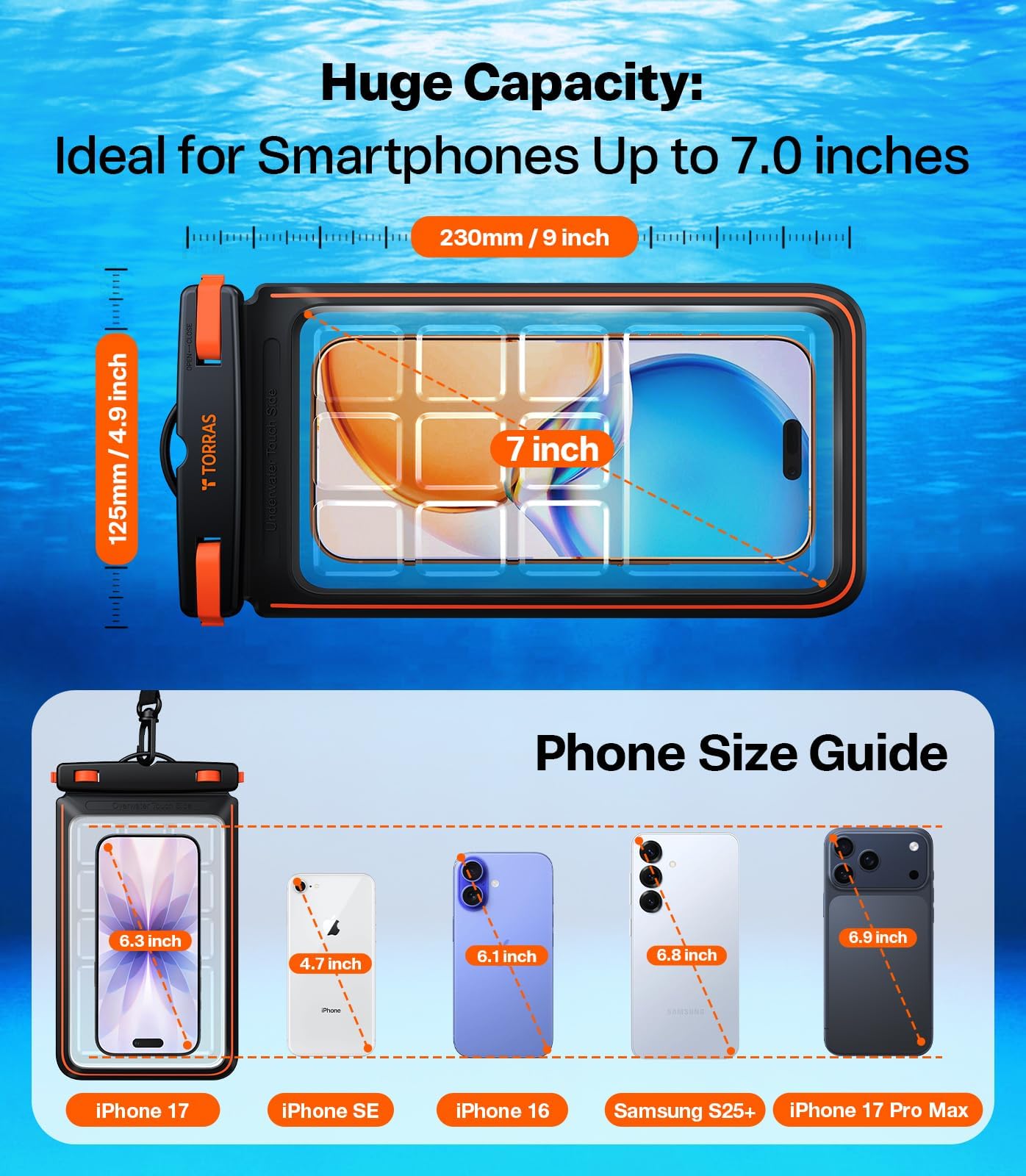 TORRAS IP68 Pochette Téléphone Portable Étanche [Double Poche], Housse sous-Marine Imperméable pour Natation Et Plongée Profonde, pour Smartphones Jusqu’à 7,9 Pouces – Noir