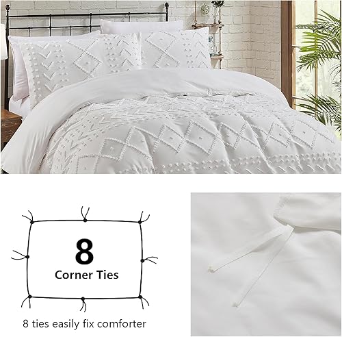 Miniatura 6 de Funda de edredón blanca tamaño Queen, funda de edredón suave similar al algodón Queen de 3 piezas para todas las estaciones, fundas de edredón
