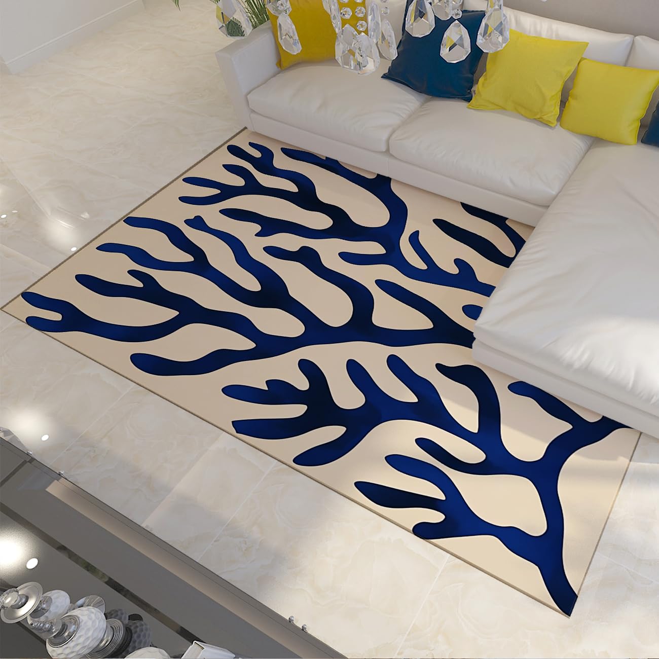 Tapis bleu marine 120x150 cm antidérapant et lavable motif corail