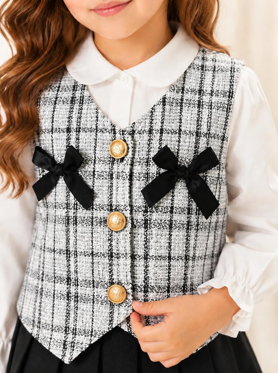 Girls Plaid Tweed Vest Sleeveless Waistcoat Bow Dressy Button Front Vest School Photos