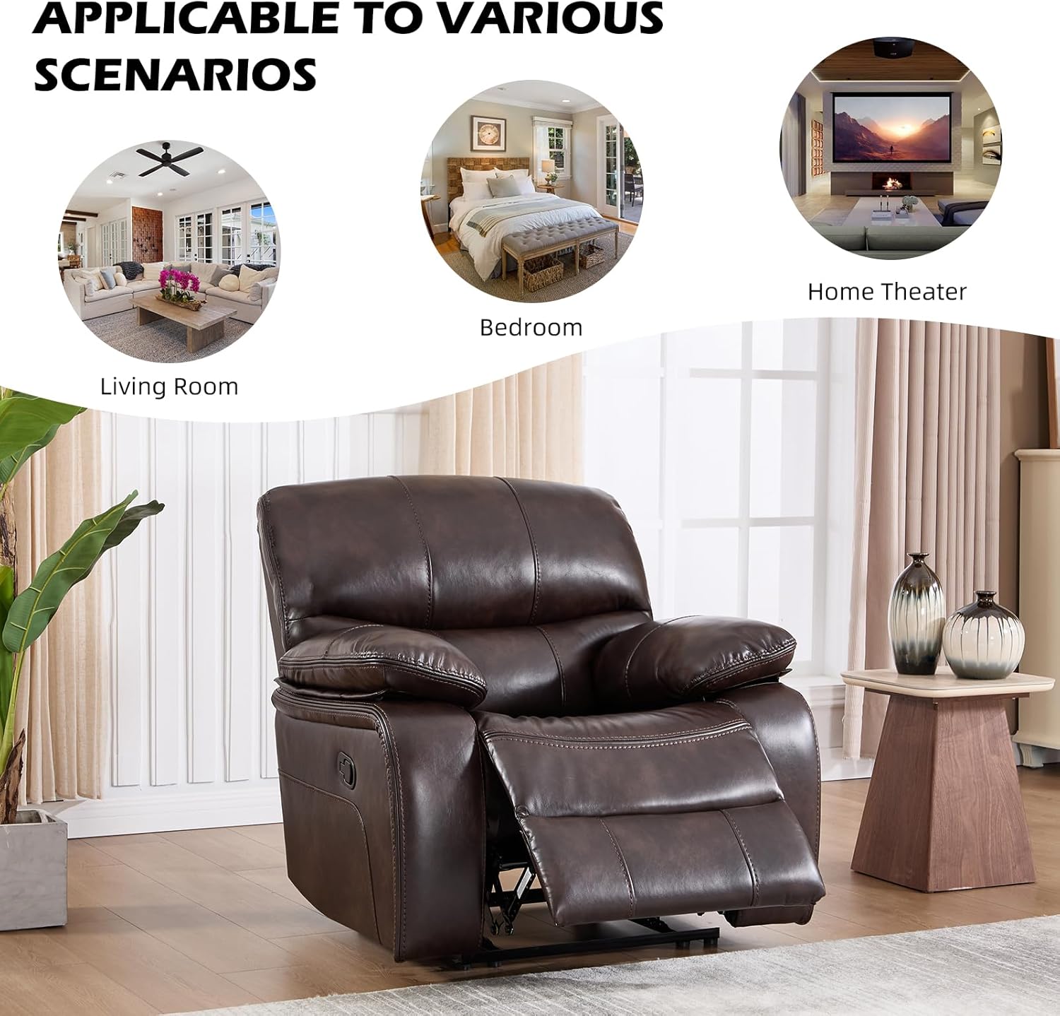 EBELLO Faux Leather Manual Recliner Chair, Americana Minimalist Single Reclining Sofa Chair with Footrest, Padded Headrest & Armrests Premium Furniture for Living Room, Bedroom, Brown