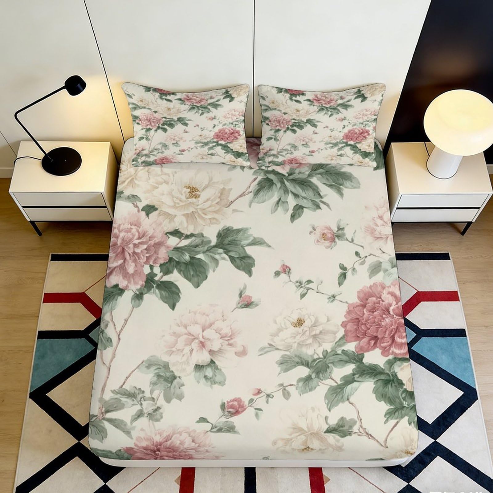 3D Printed Peony Blossom Fitted Sheet Microfiber Floral Mattress Cover Pink Green Bedroom Decor Dustproof 90x200x25cm