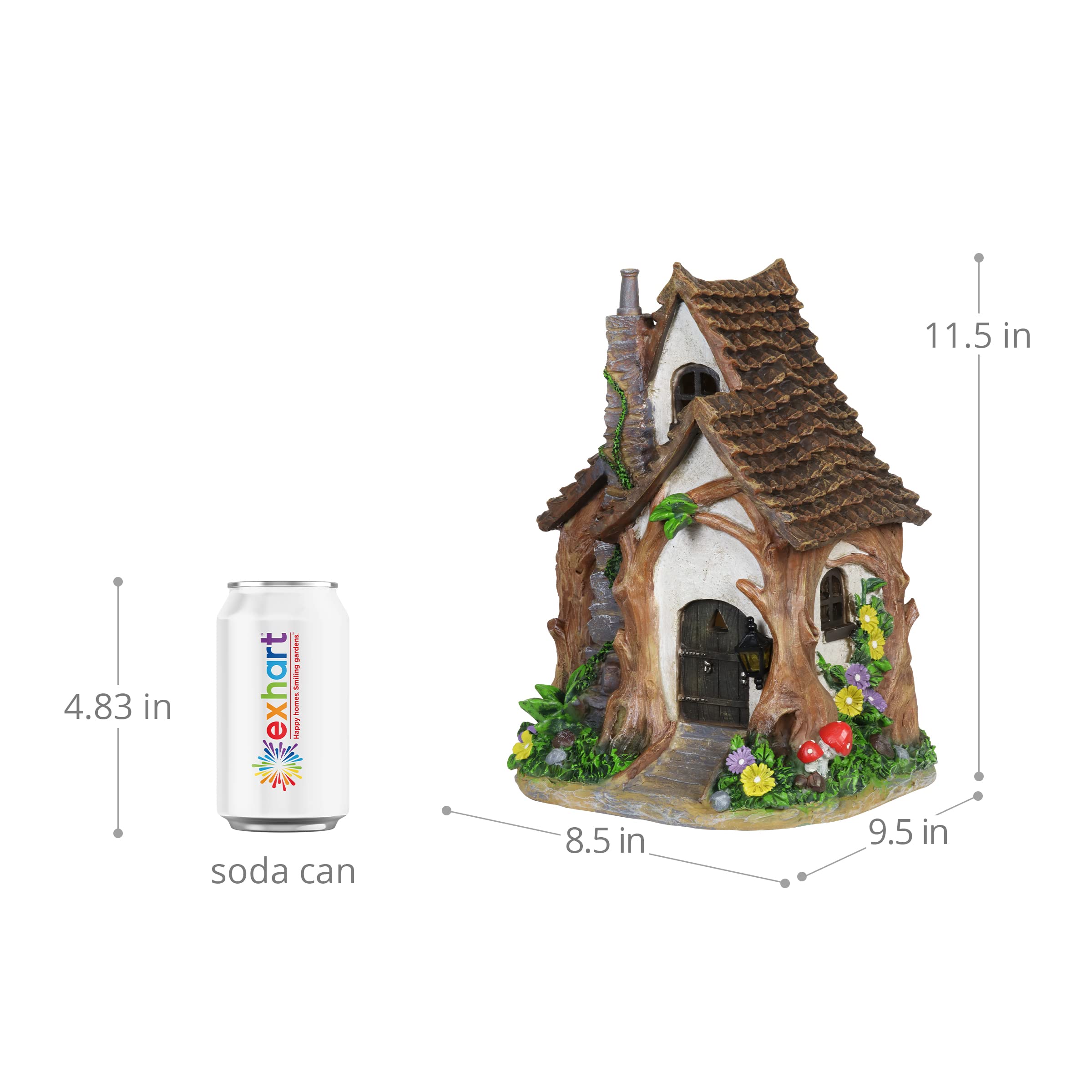 Exhart Fairy Garden Sculpture, Solar Tree Trunk Fairy House Garden Statue, 3 LED Lights, Durable Resin, Outdoor Lawn and Yard Decoration, 8.5 x 9.5 x 11.5 Inch