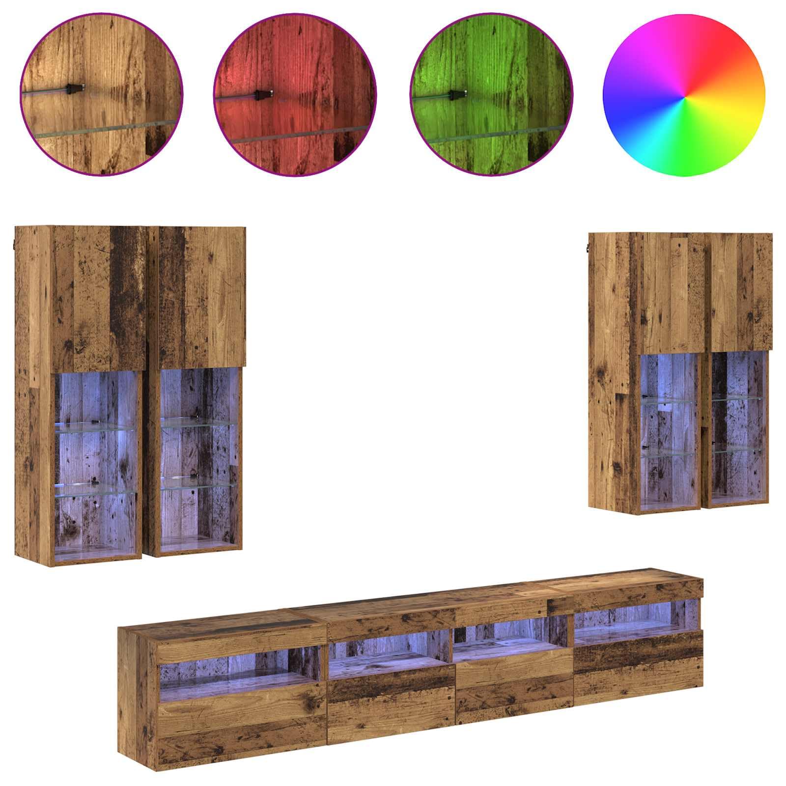Mueble de pared para TV con luces LED, 7 piezas, aspecto de madera envejecida, 100 x 30 x 40 cm, diseño moderno para sala de estar, centro de entretenimiento