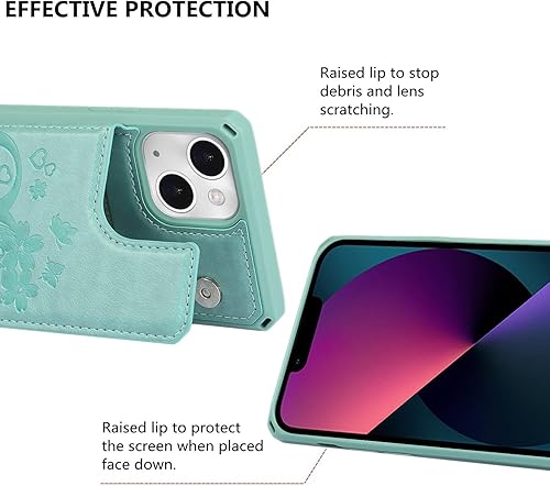 Miniatura 4 de iCoverCase Funda compatible con iPhone 13 con tarjetero para mujer, bloqueo RFID en relieve, piel sintética con correa de muñeca de 6.1 pulgadas