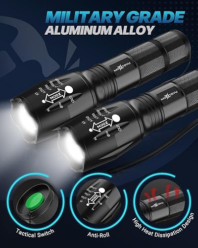 Miniatura 6 de MOXTOYU Paquete de 2 linternas, 5 modos de luz LED táctica de 2000 lúmenes, linternas impermeables brillantes de alto lúmenes, luces de flash con
