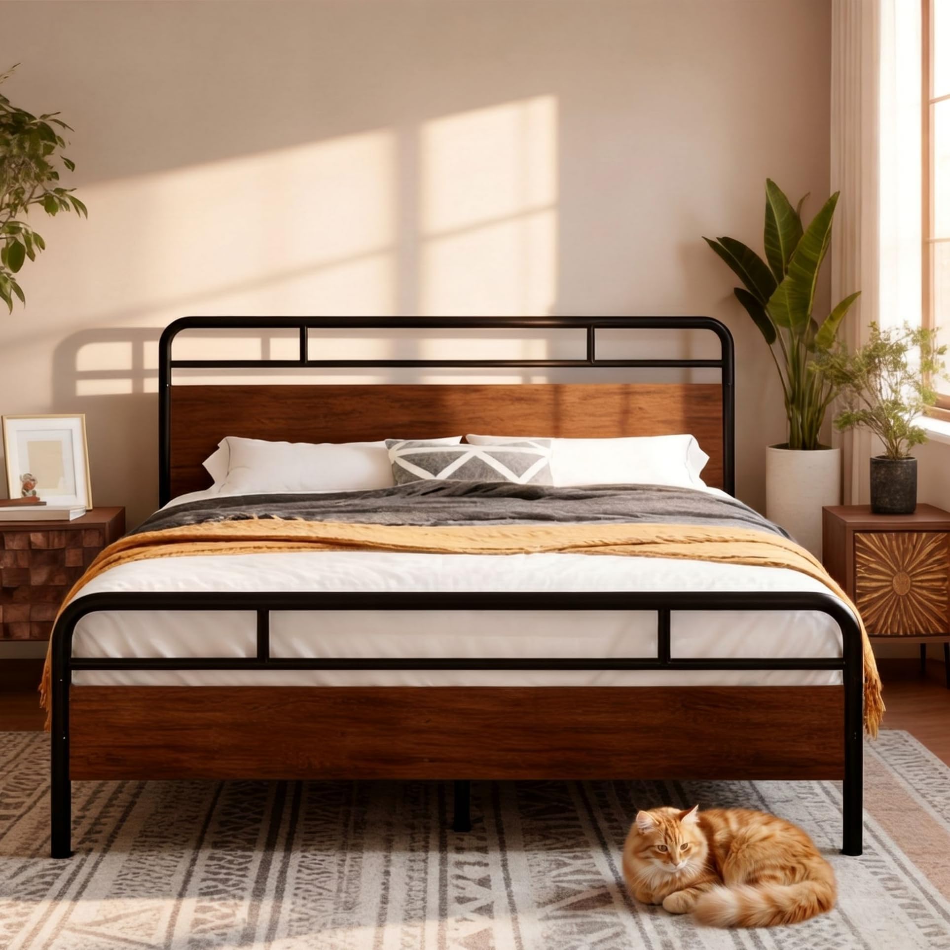 Queen Bed Frame with Industrial Wood Headboard / 12" Under-Bed Storage/Mattress Foundation/No Box Spring Needed/Easy Assembly/Walnut
