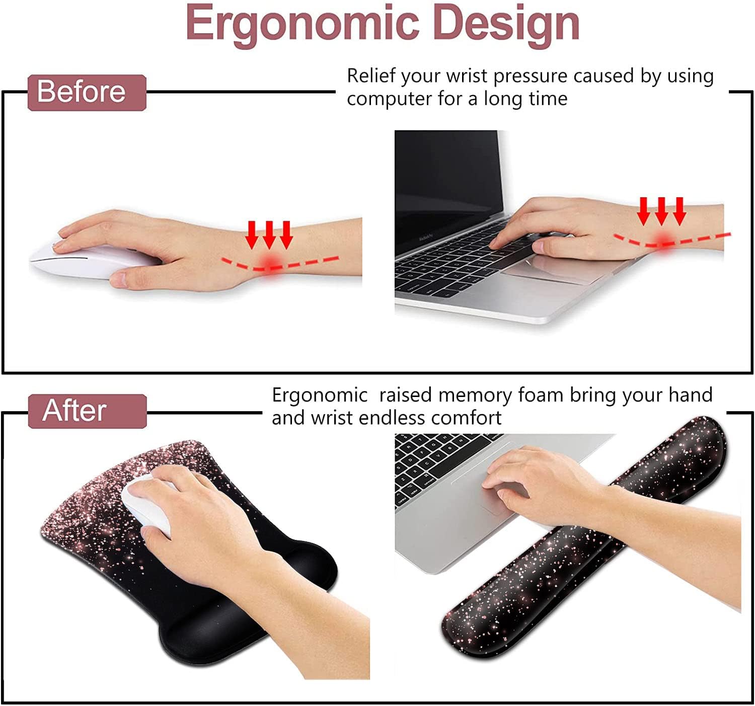 Rose Gold Glitter Mouse Pad with Wrist Support - Ergonomic Gel & Soft Memory Foam Keyboard Rest, Suitable for Office Typing & Gaming, Dirt-Resistant