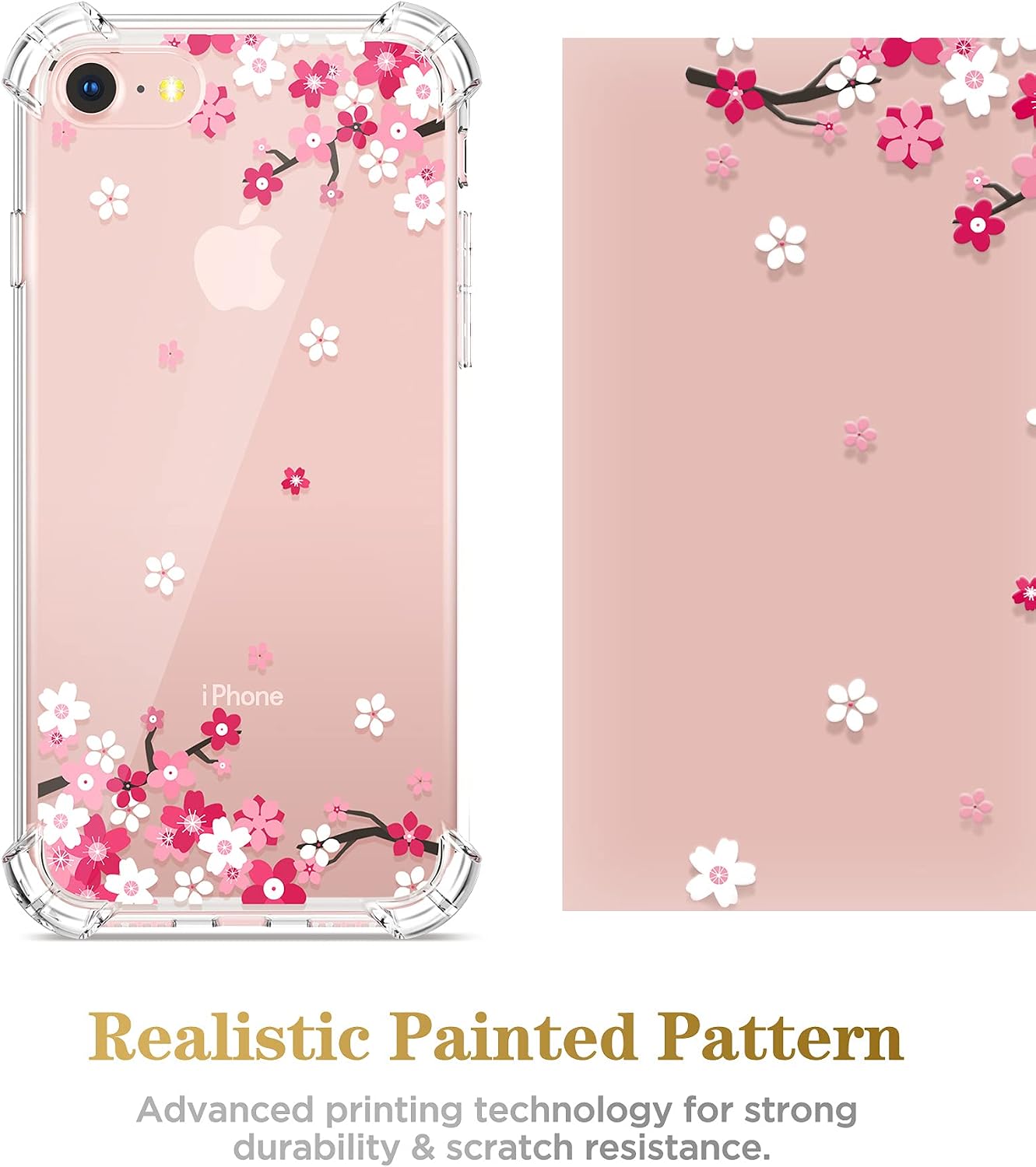 GVIEWIN for iPhone 8 case/iPhone 7 case/iPhone SE 2020 case with Screen Protector,Clear Flower Floral for Girls Woman, Soft TPU Shockproof Protective Cover for iPhone SE 2nd Gen/7/8 (Peach Blossom)
