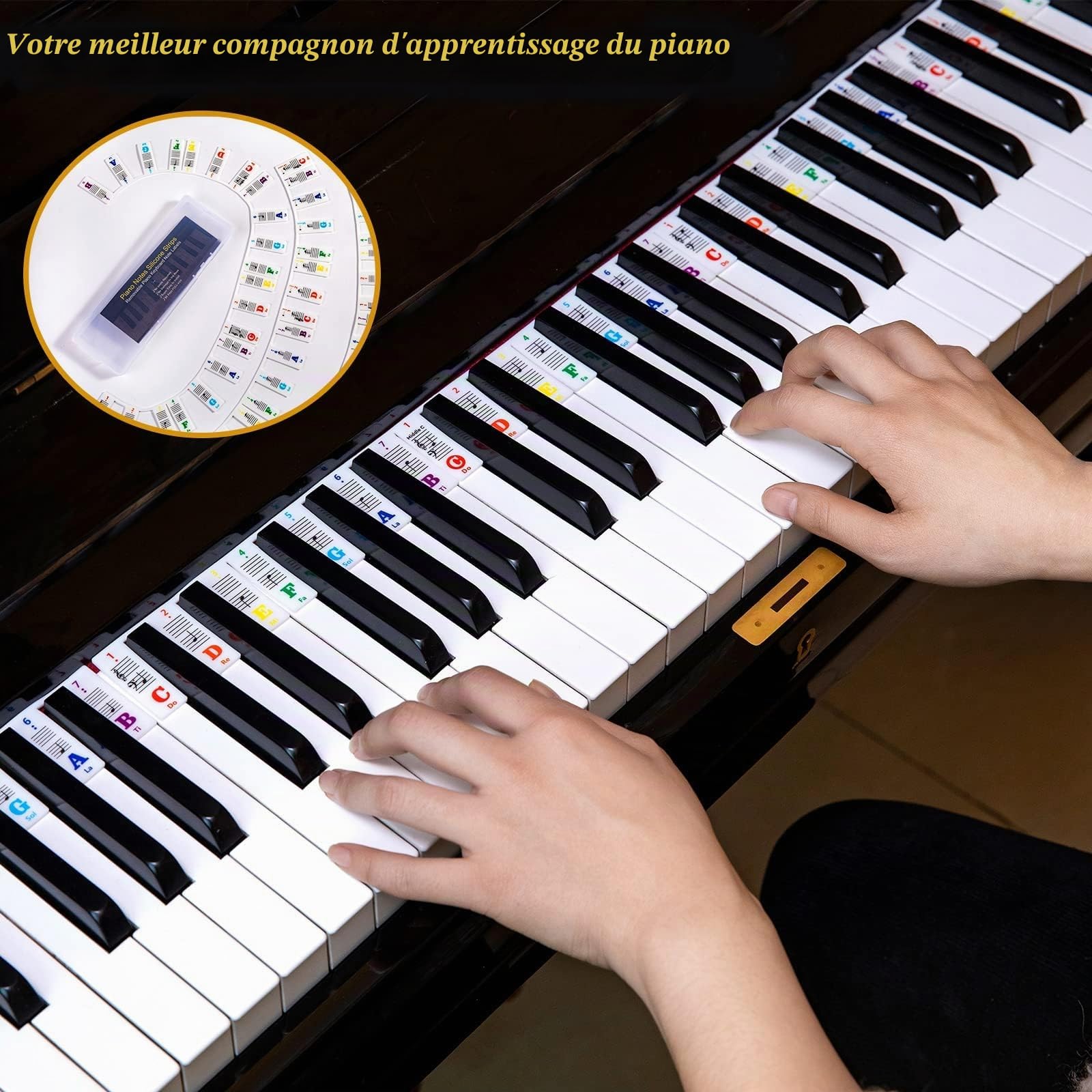 Guide de partitions de piano pour débutants - Étiquettes amovibles pour clavier de piano - Pour toutes les touches 88/61/54/49/37 - Pas besoin d'autocollants - Réutilisables - En silicone