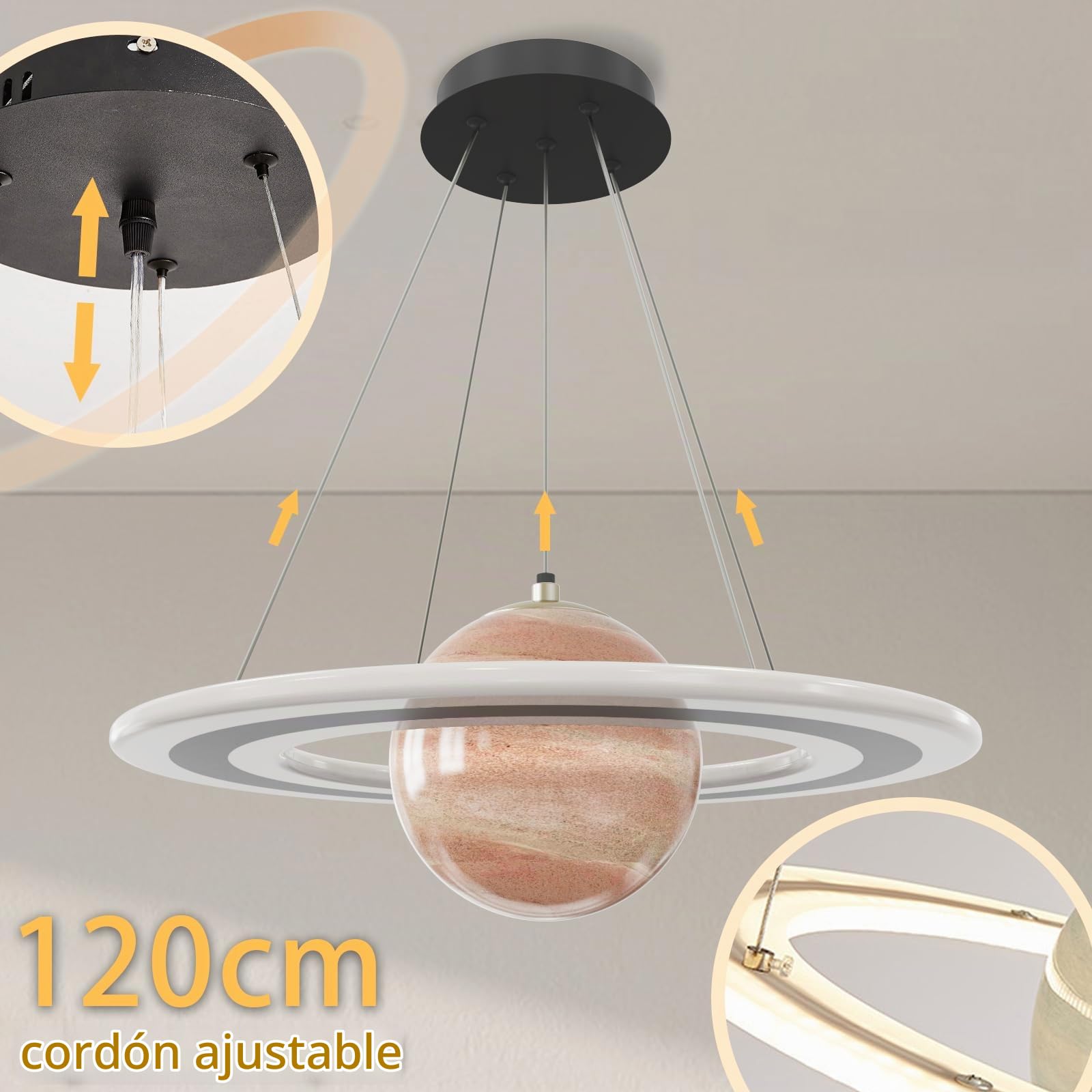 DROMEZ Lámpara Colgante Infantil Saturno LED 40W Regulable con Mando Ø50 cm | Lampara Techo Colgante Para Dormitorio, Iluminación Decorativa, Regulable 3000K-6000K, Moderno Plafon