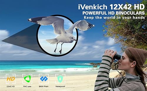 Miniatura 5 de Prismáticos de 12 x 42 para adultos con adaptador universal de teléfono, prismáticos compactos a prueba de agua HD a prueba de niebla para