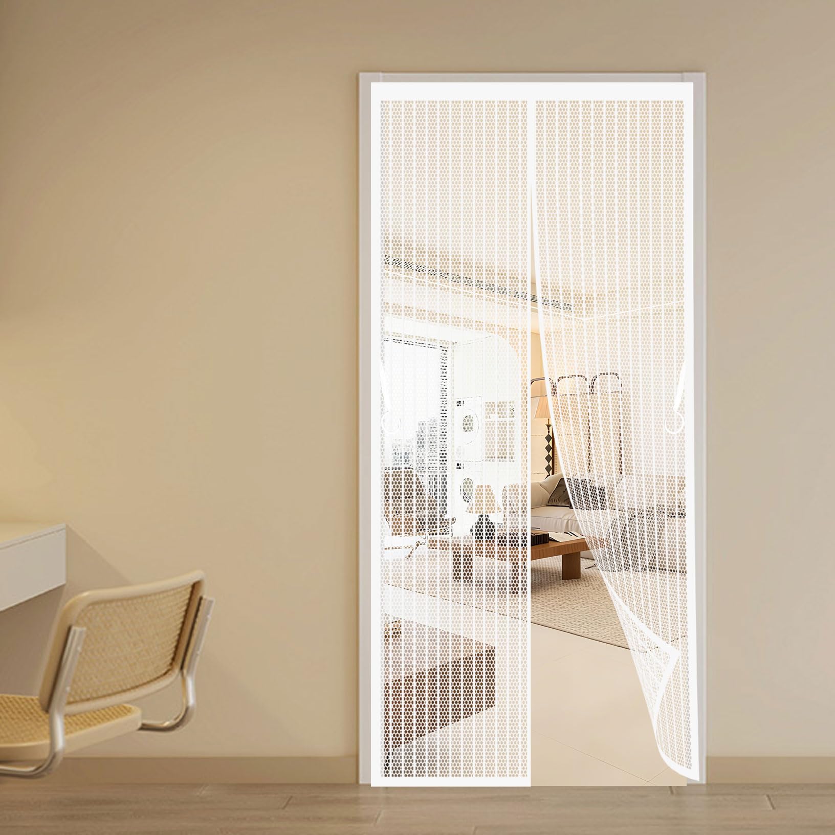 Fly Screens for Doors 157 x 261 cm Self-Closing, Keep Bugs Out Lets Fresh Air in Fly Screen for Doors Self Sealing No Gap, Pet-Friendly for Home, Office and Store, White