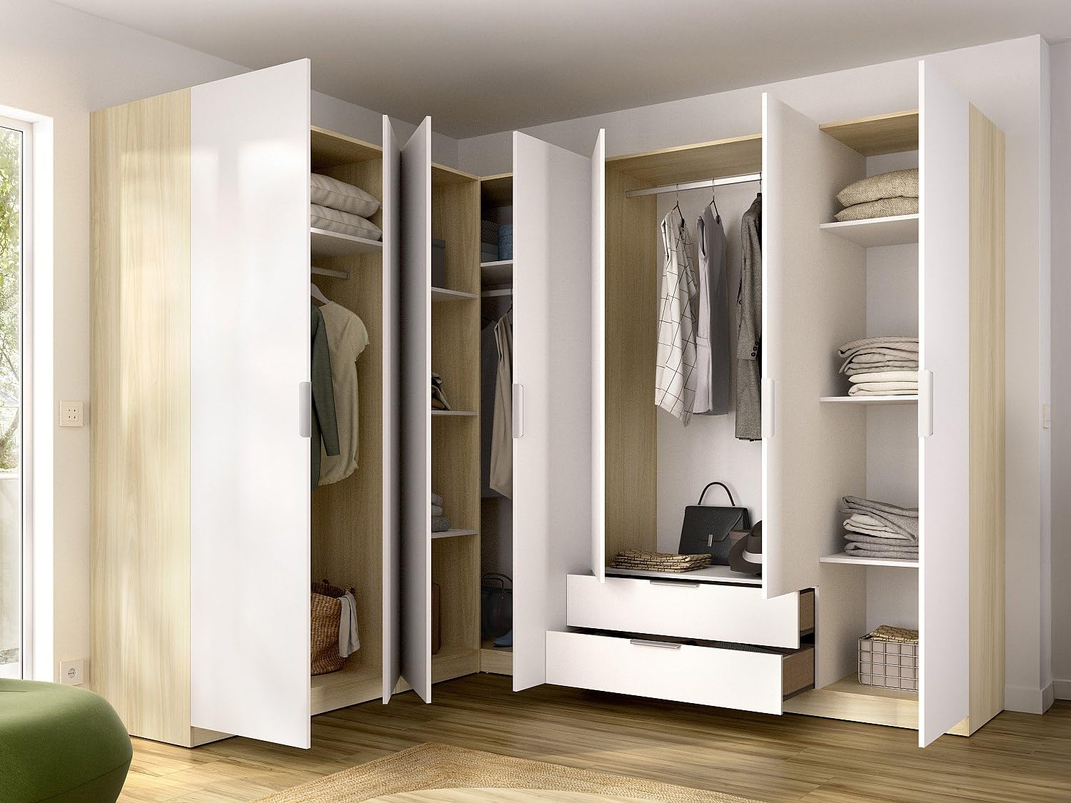 Vente-unique KALONY – Armario esquinero 7 puertas 2 cajones – L325 cm – Blanco y natural claro