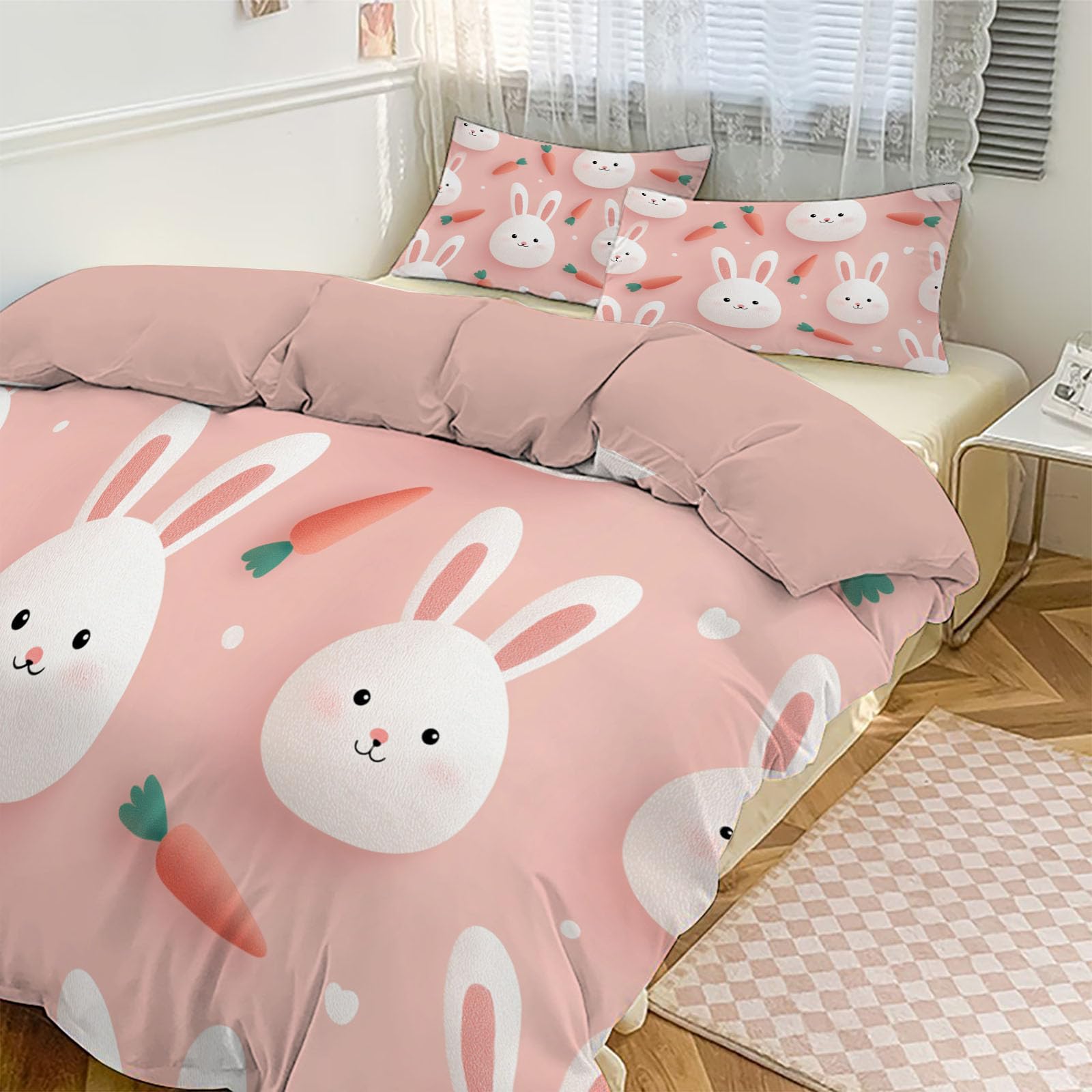 Housse de couette lapin mignon pour chambre d'enfant lit 2 personnes 220x240cm avec zip