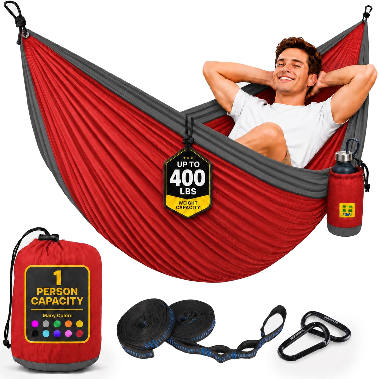 Durable Hammock 400 lb Capacity, Nylon Camping Hammock Chair - Double or Single Sizes w/Tree Straps and Attached Carry Bag - Portable for Travel/Backpacking/Beach/Backyard (Medium, Red &amp; Dark Grey)