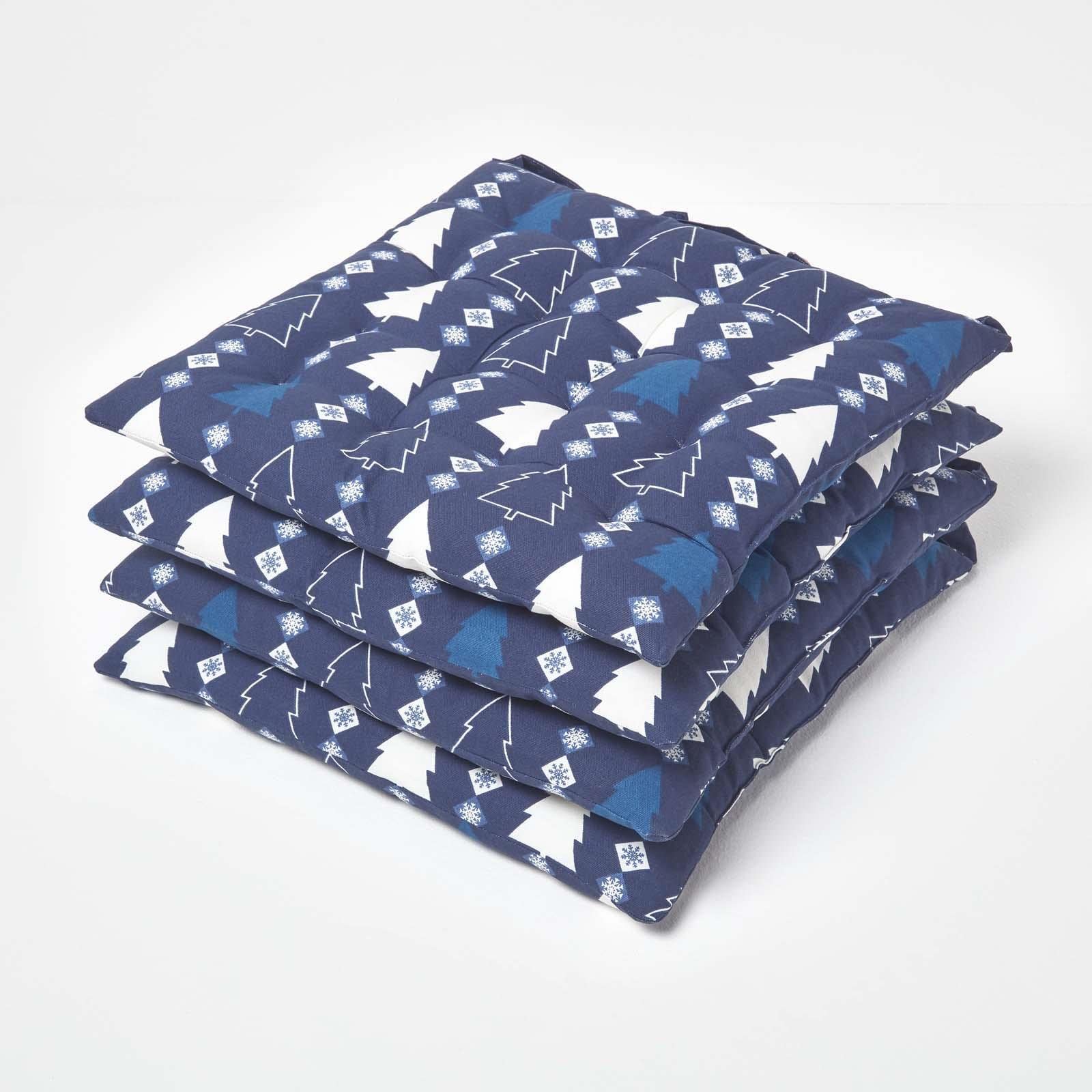 Homescapes Blue 4 Pack Seat Pads Luxury Cotton Christmas Winterland Indoor Outdoor Cushion